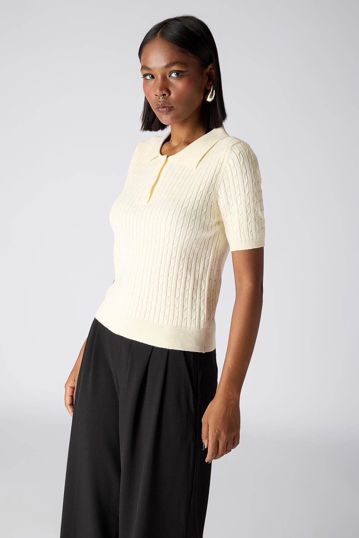 Cable-Knit Polo Top - Lime