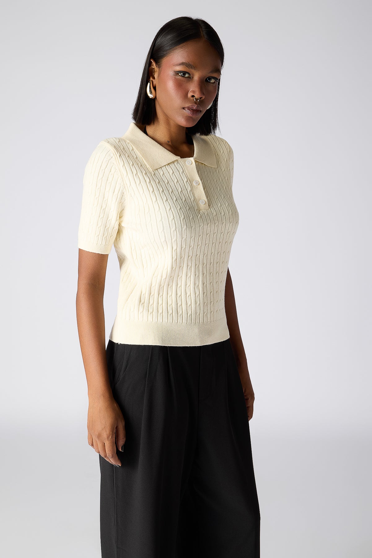 Cable-Knit Polo Top - Lime