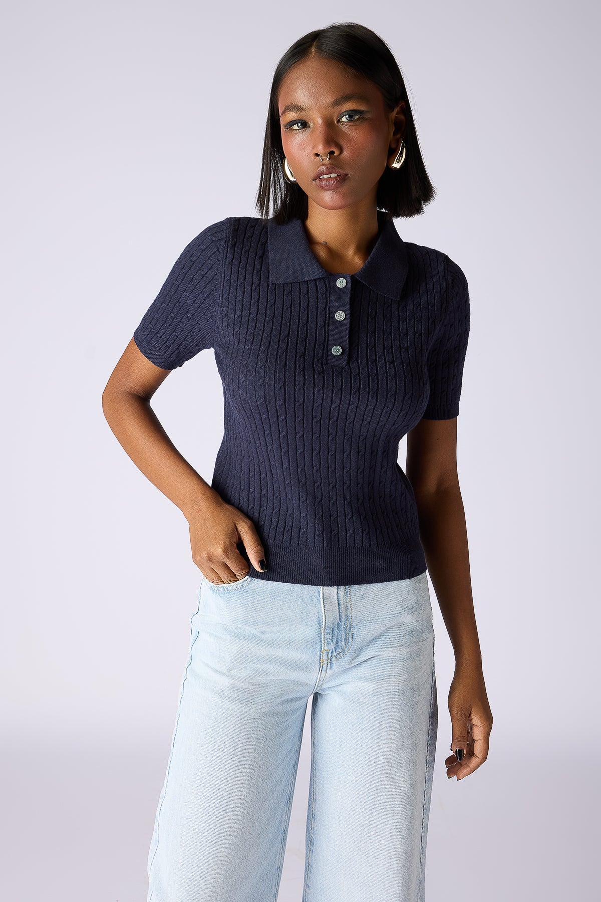 Cable-Knit Polo Top - Navy Blue