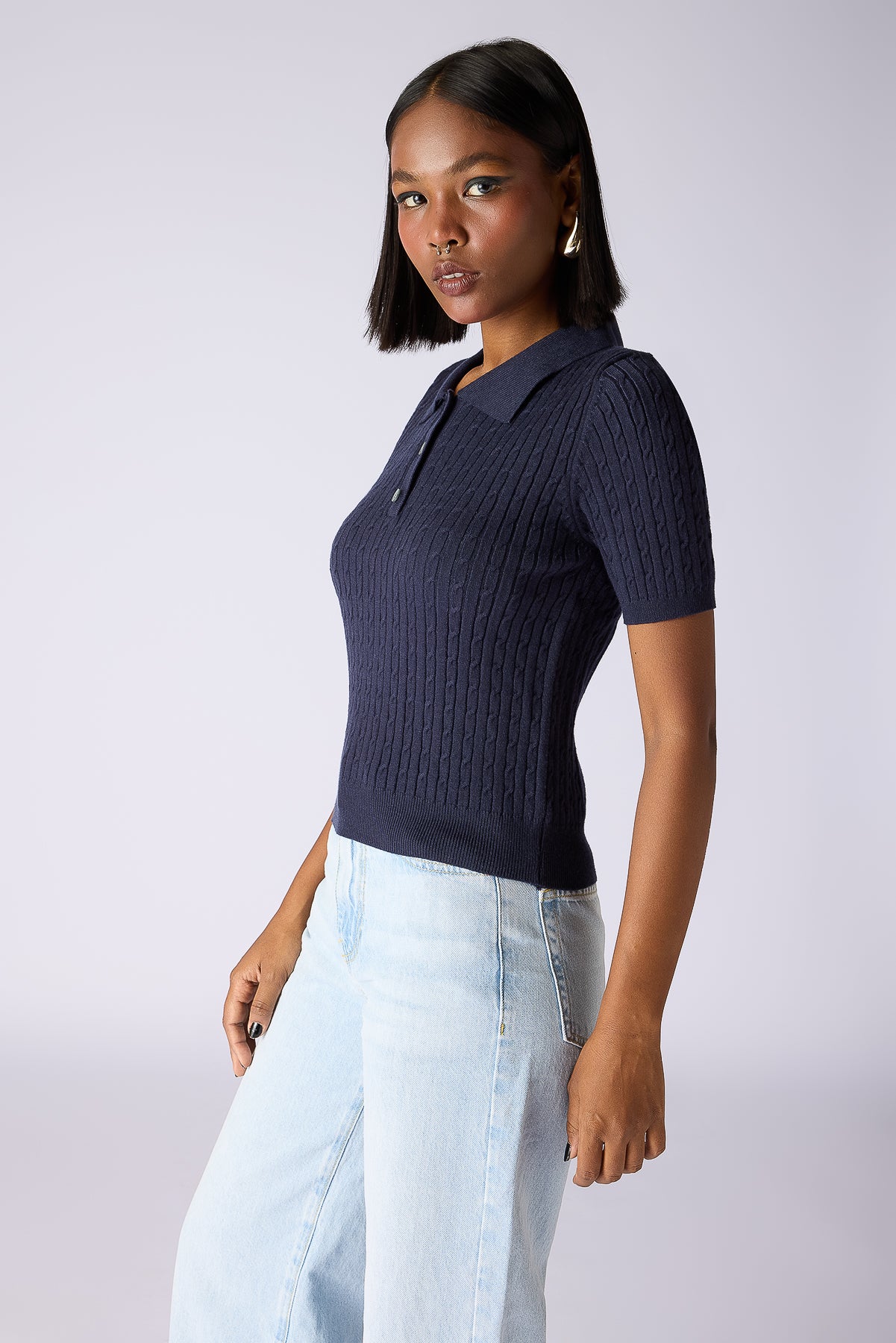 Cable-Knit Polo Top - Navy Blue