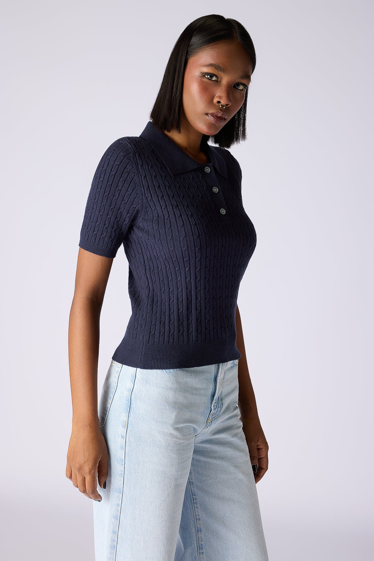 Cable-Knit Polo Top - Navy Blue