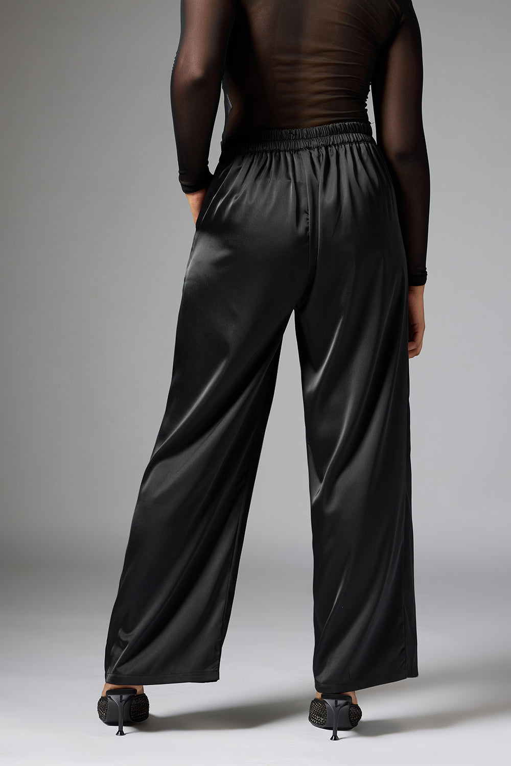 Shadow Black Satin Straight Korean Pants