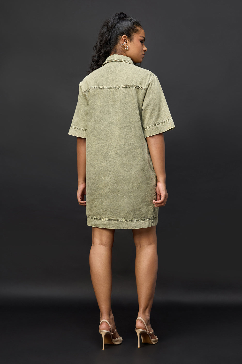 Dusky Green Denim Boxy Shirt Dress