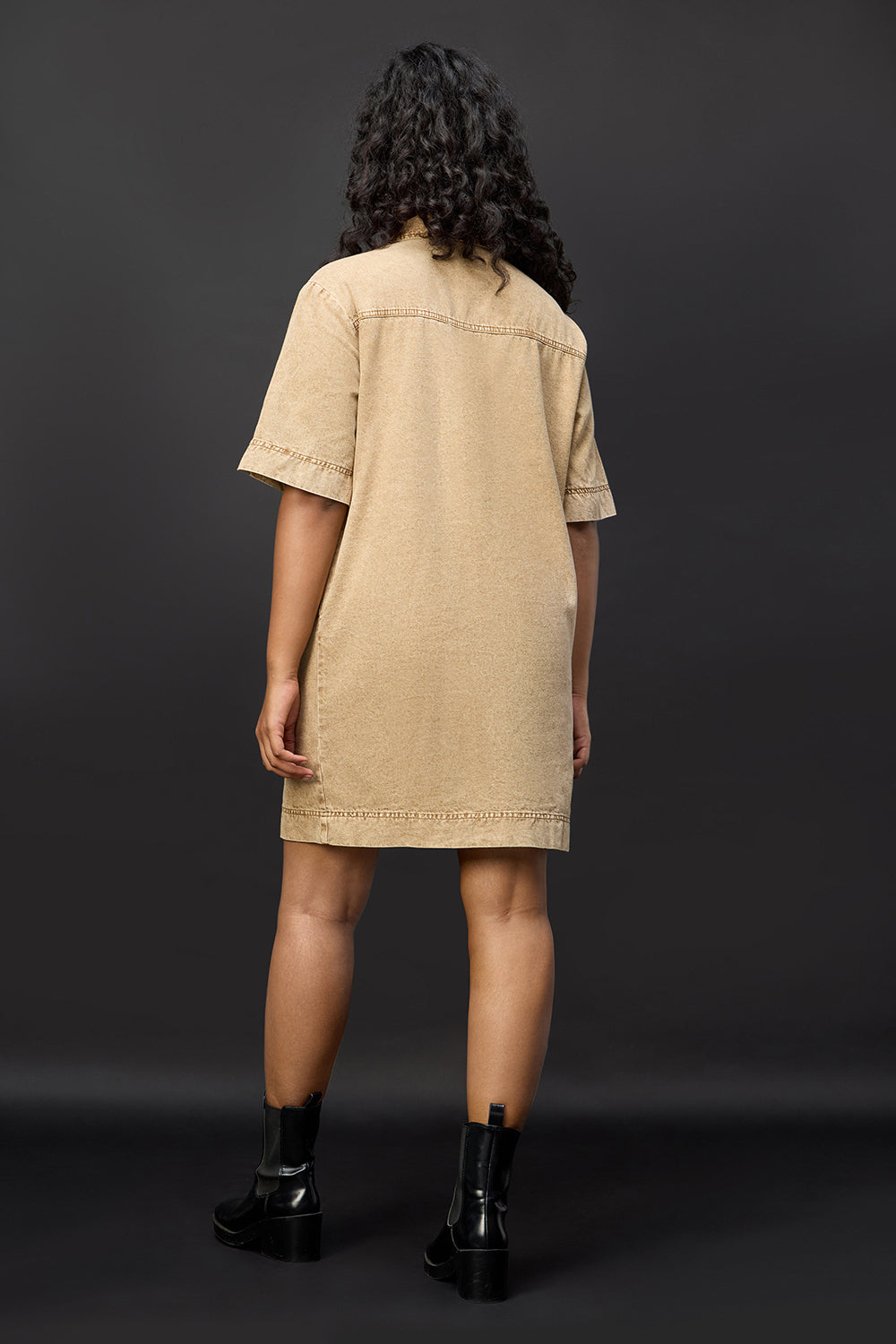 Tan Beige Denim Boxy Shirt Dress