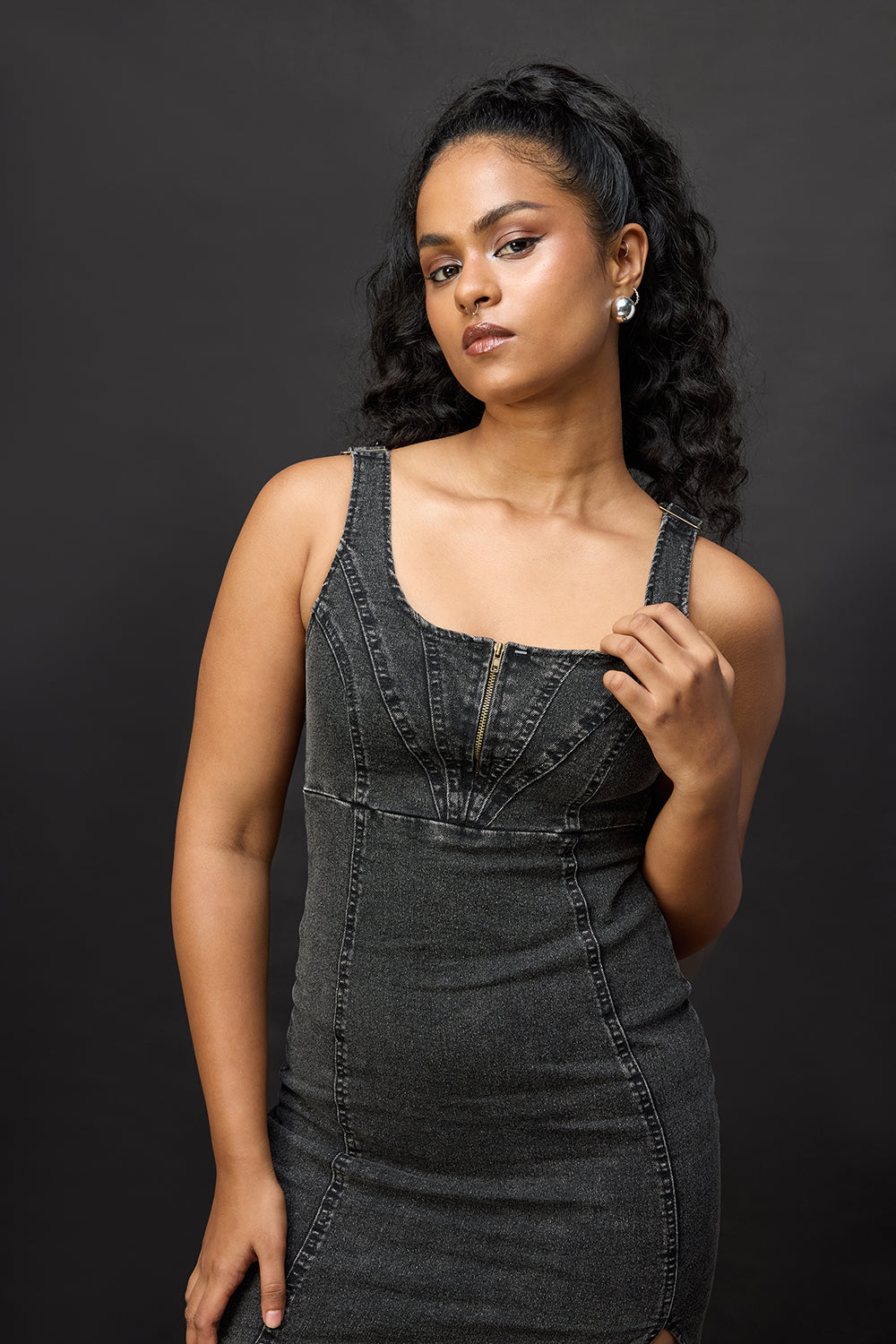 Mist Black Zip Detailed Denim Dress