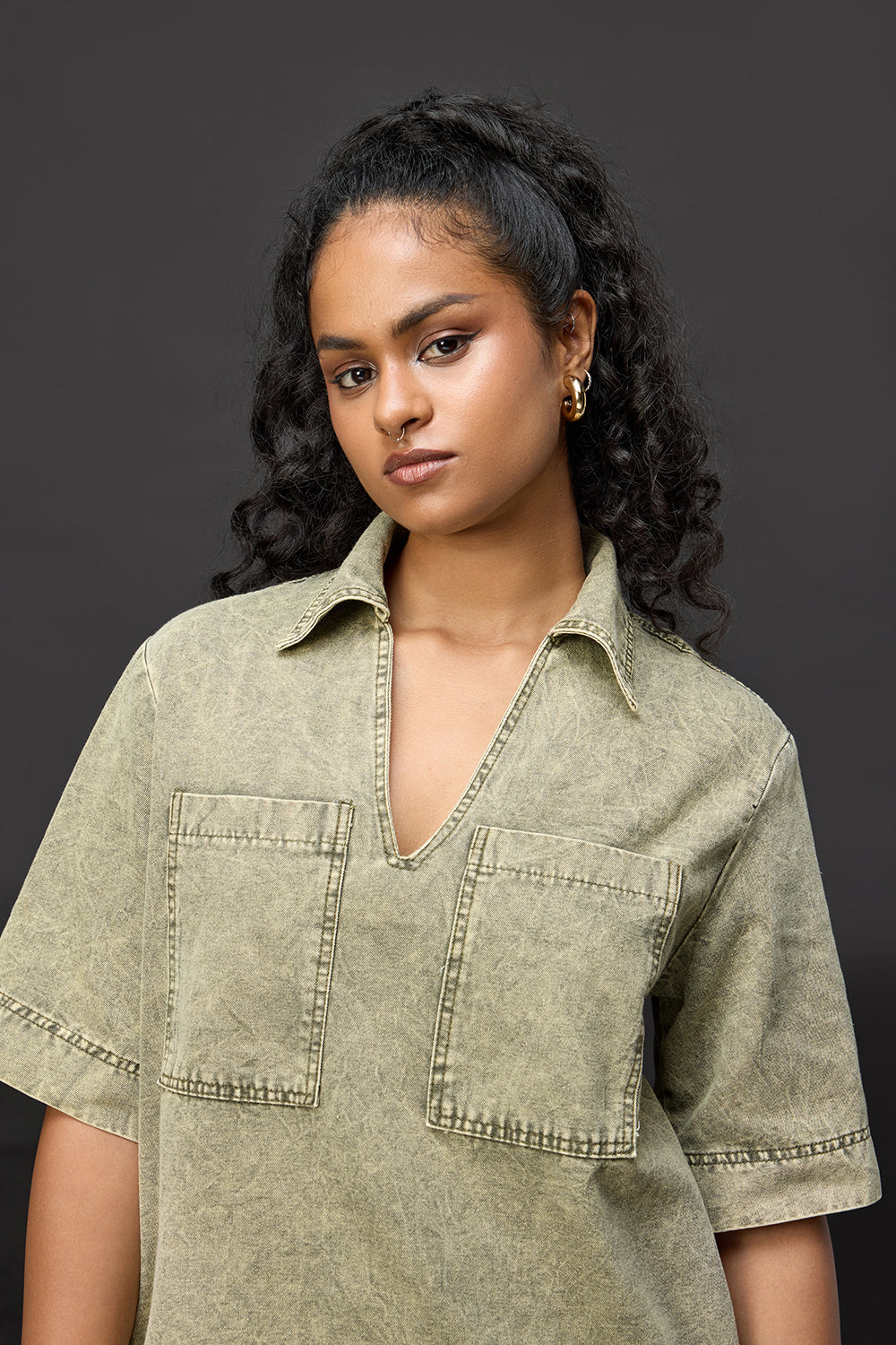 Dusky Green Denim Boxy Shirt Dress