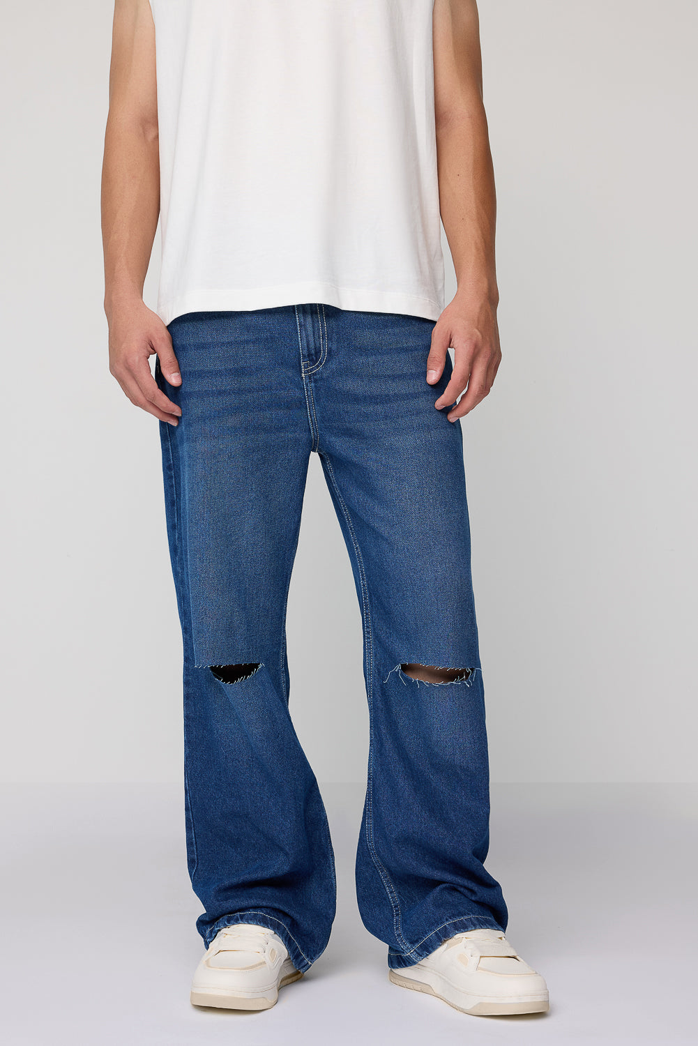 Men's Vintage Blue Slit Knee Wide Leg Jeans