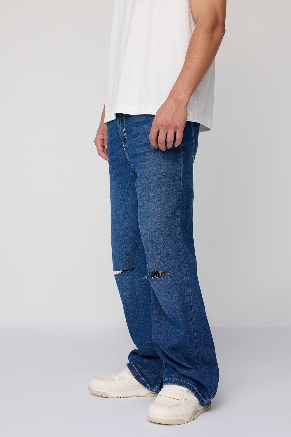 Men's Vintage Blue Slit Knee Wide Leg Jeans