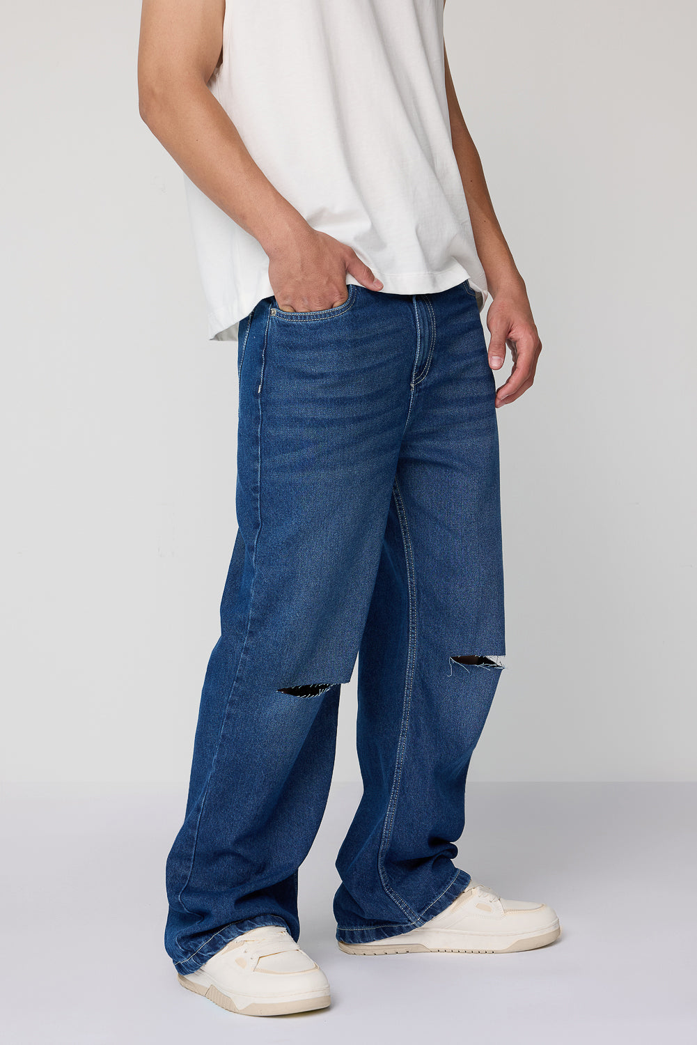 Men's Vintage Blue Slit Knee Wide Leg Jeans