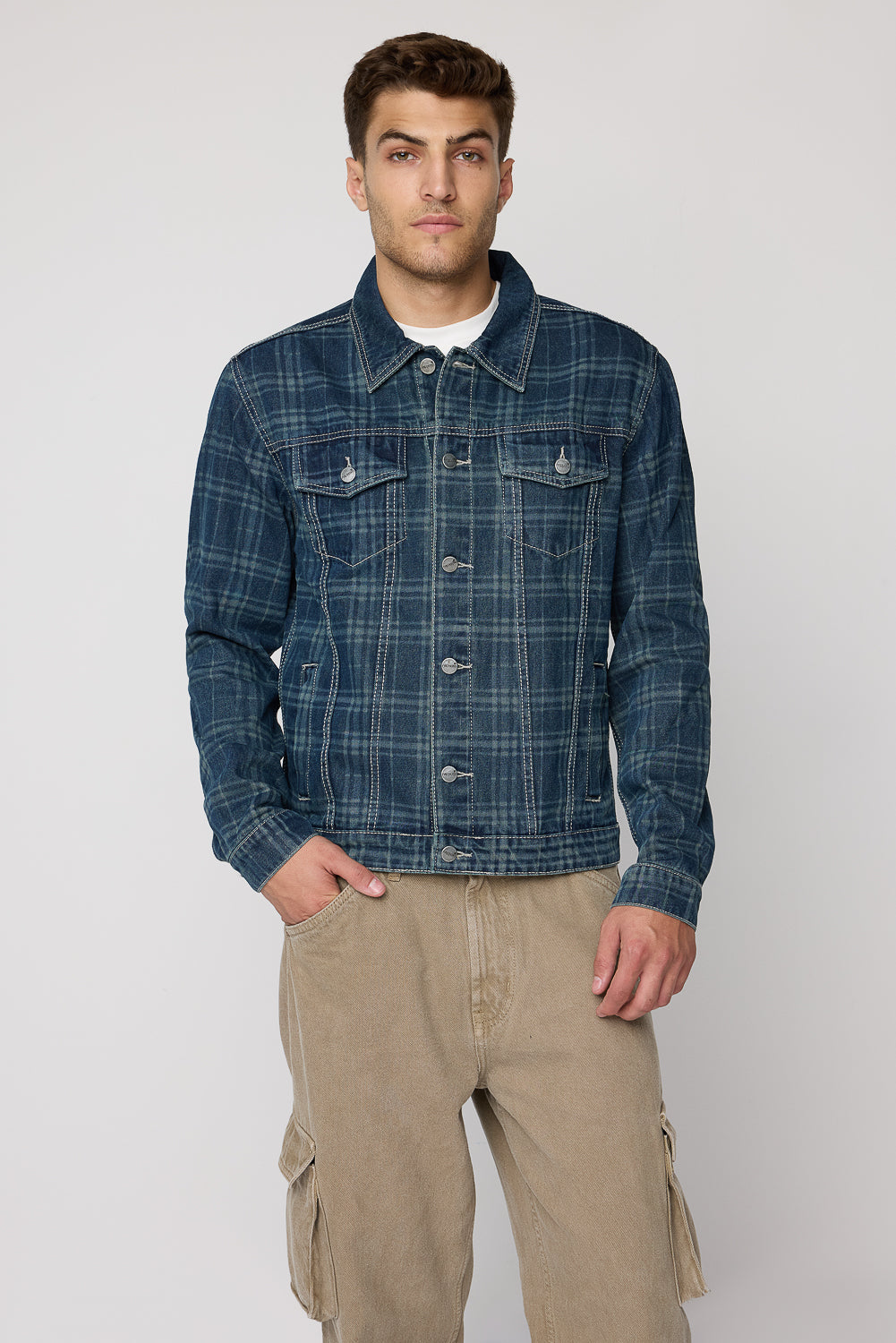 Men's Retro Plaid Denim Jacket