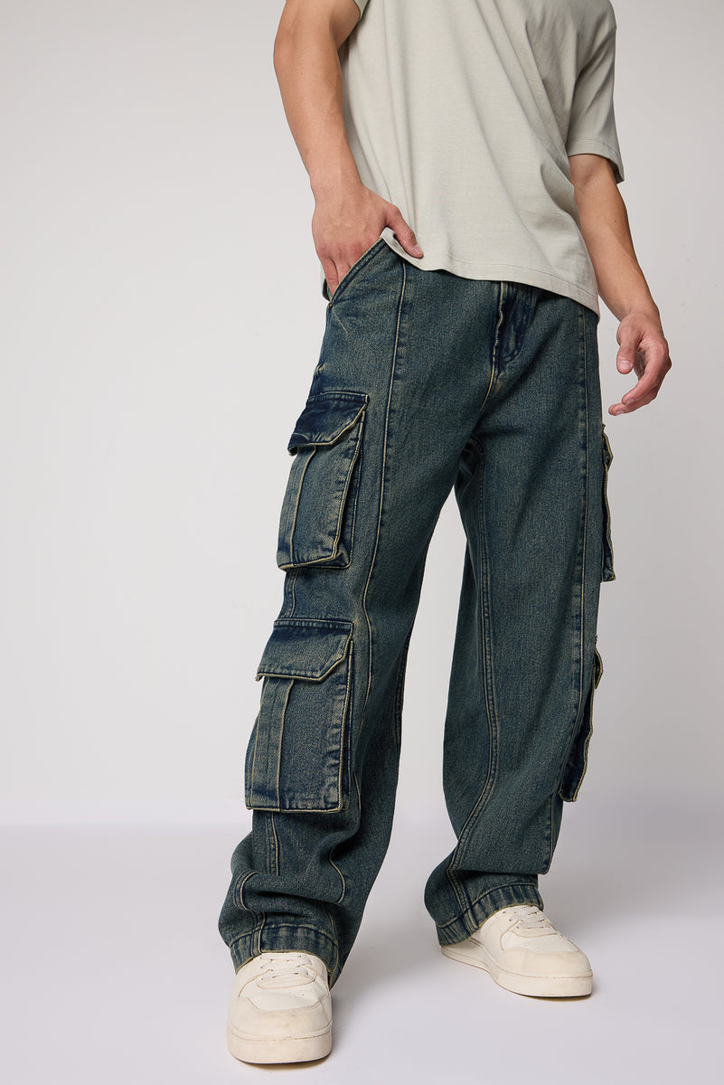 Rugged Ocean Blue Men's Baggy Straight Cargo Jeans