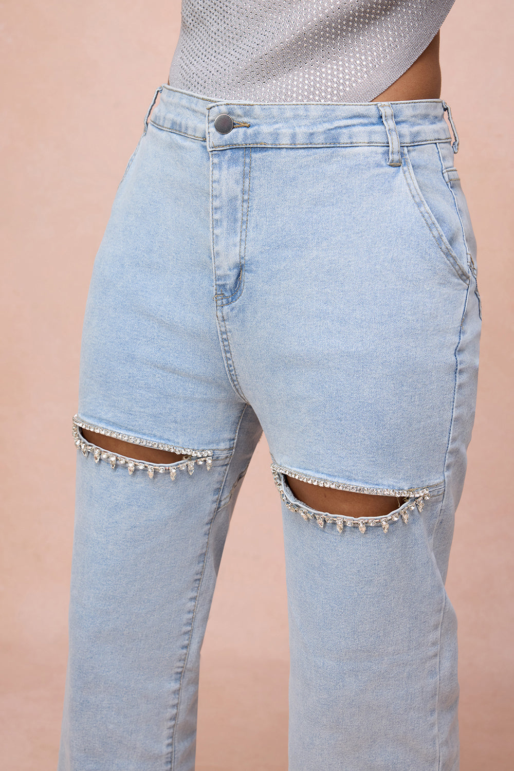 Aria Blue Rhinestone Cut-Out Jeans