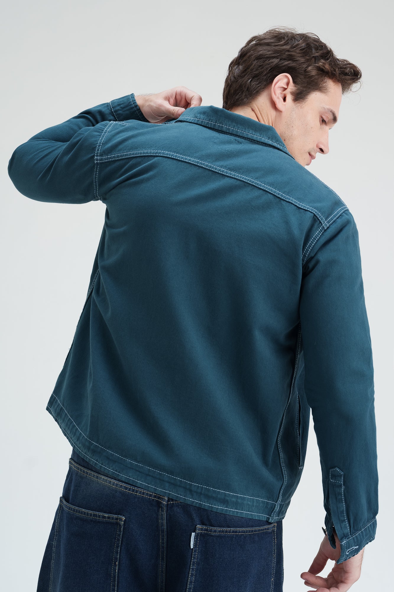 Teal Blue Contrast Men's Zip-Up Shacket