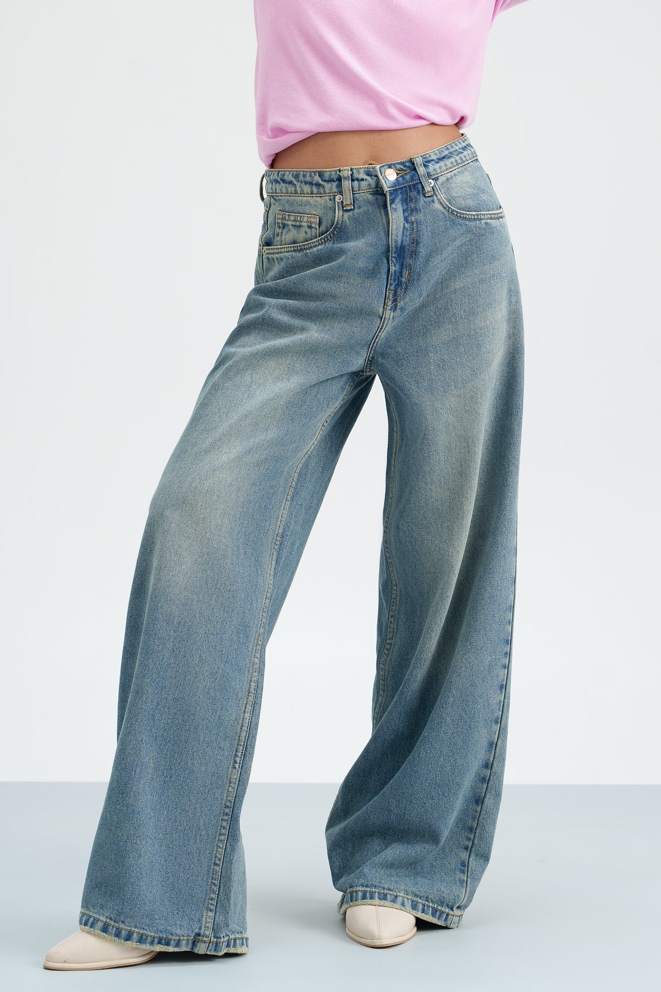 【SCENERITY】Kat Brown Wide Jeans Ochre Contrast Stitch Wide Jeans