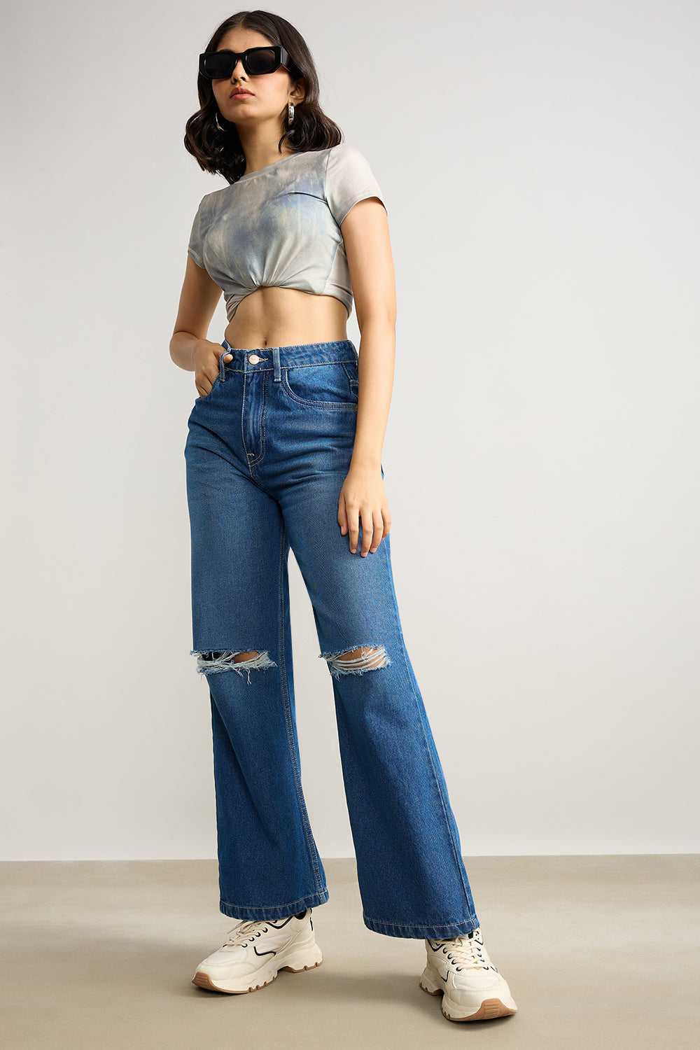 Clean Blue Distress Women's Wide Jeans