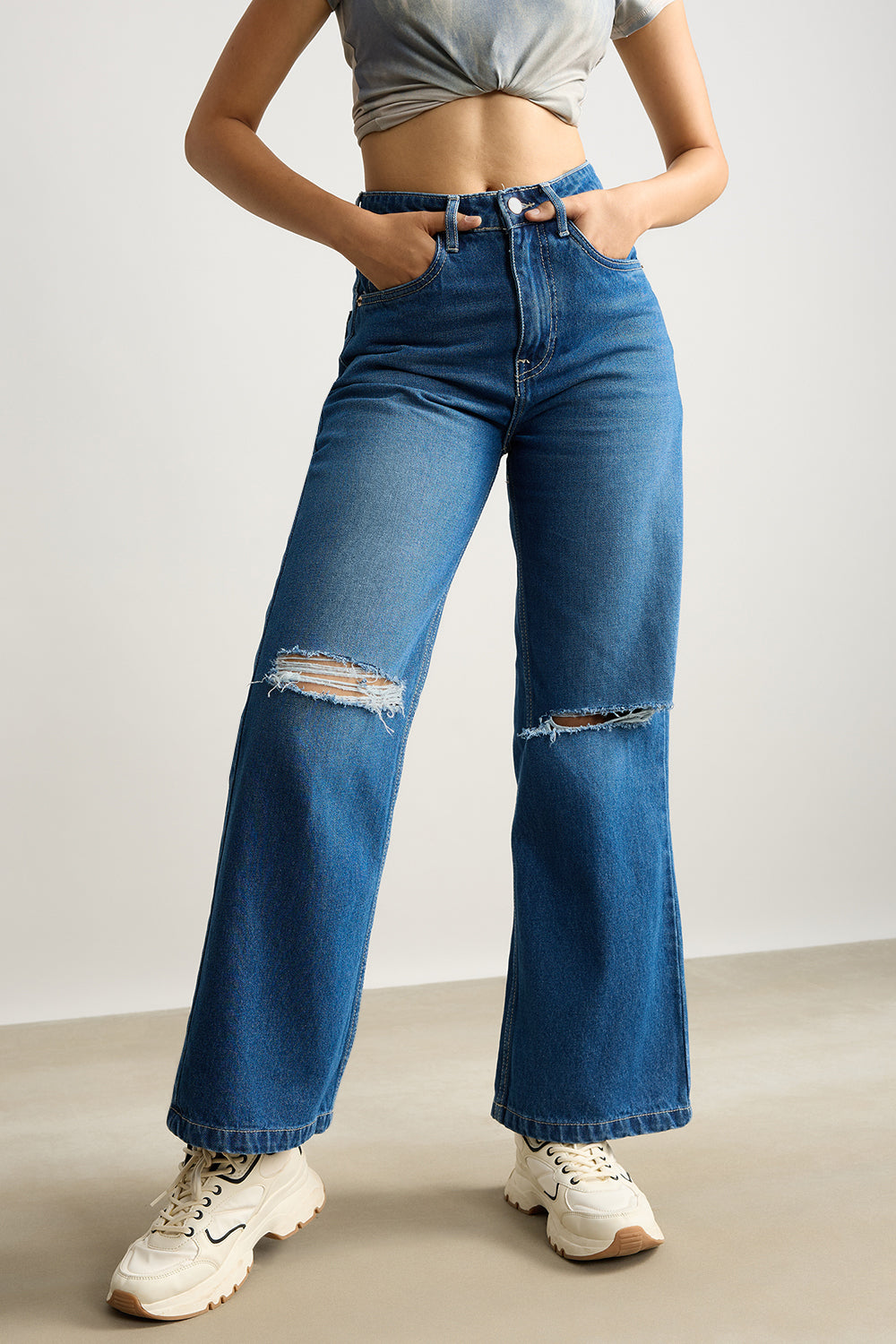 Clean Blue Distress Women's Wide Jeans
