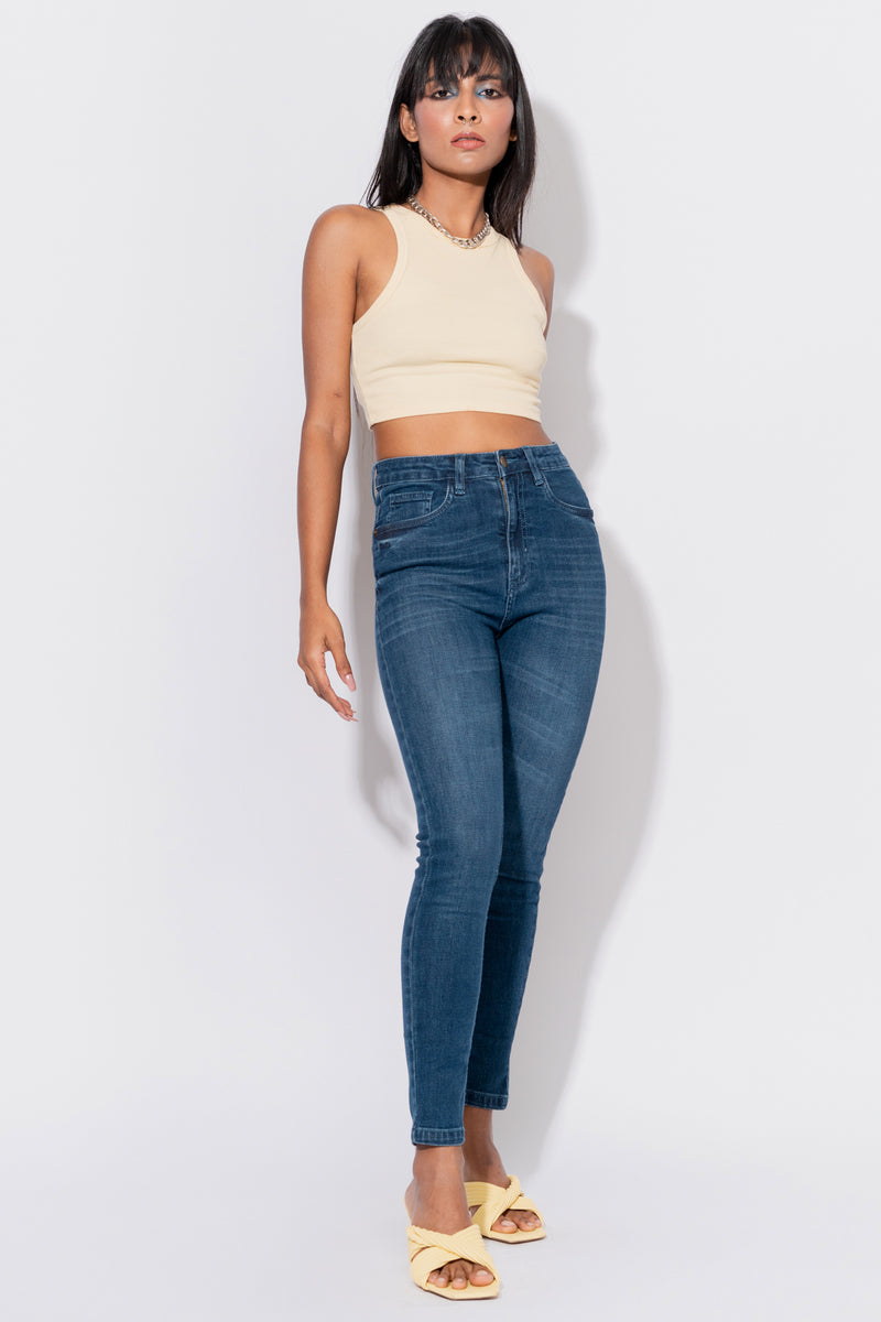 Crop Top Dark Blue Ankle Grazer Jeans Dark Blue High Waist Women's
