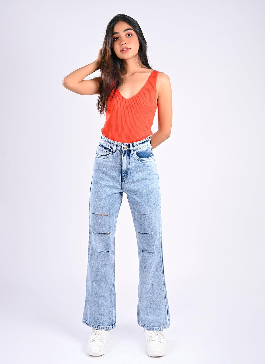 90's Ripped ice blue bootcut jeans