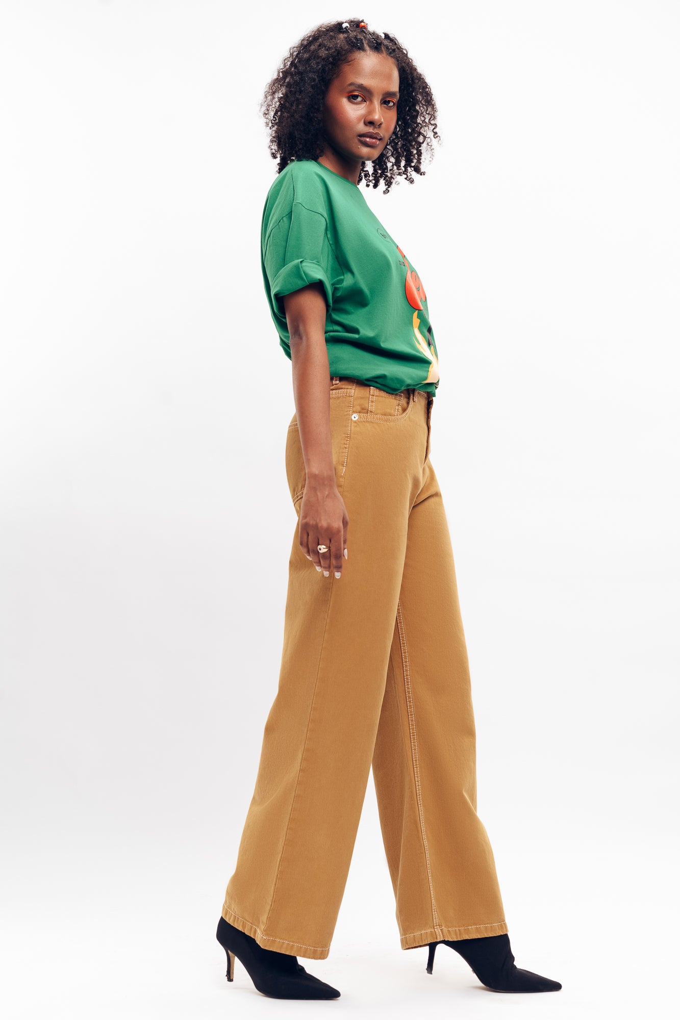 OCHRE CONTRAST STITCH WIDE JEANS