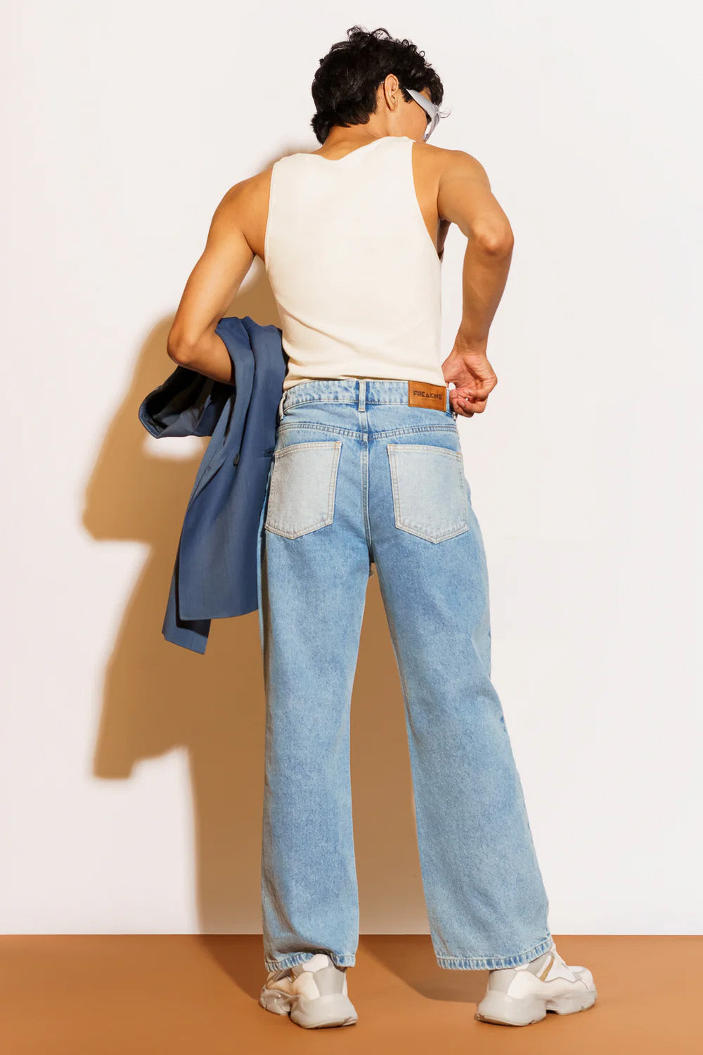 Blue Frayed Panel Men's Straight Jeans