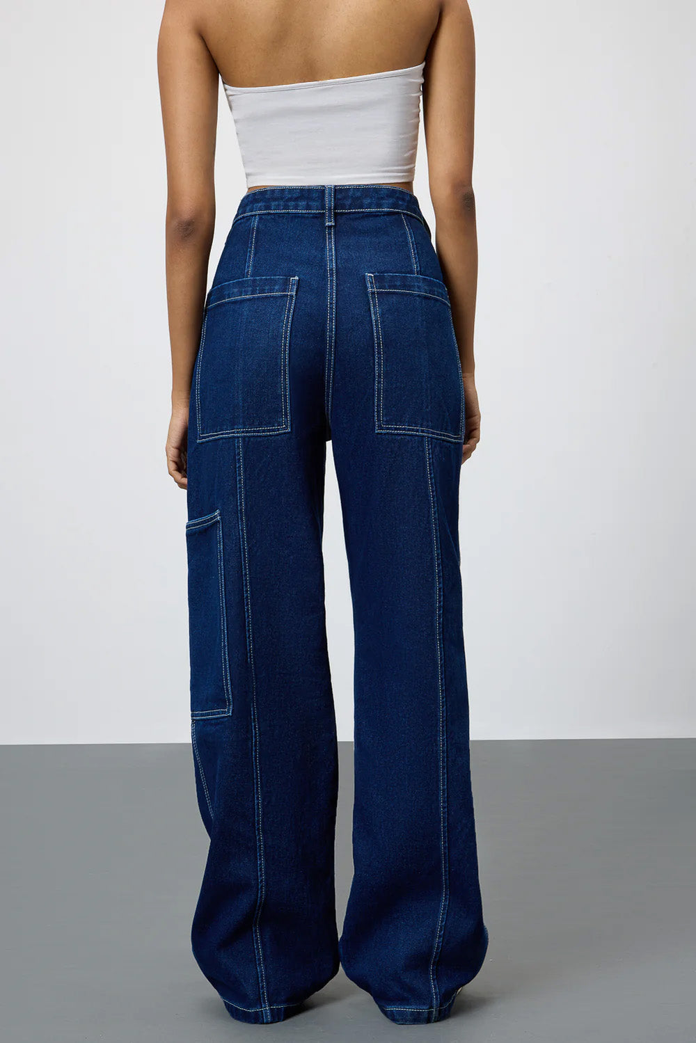 Blue Pinstripe Pocket Women's Baggy Straight Cargo Pants