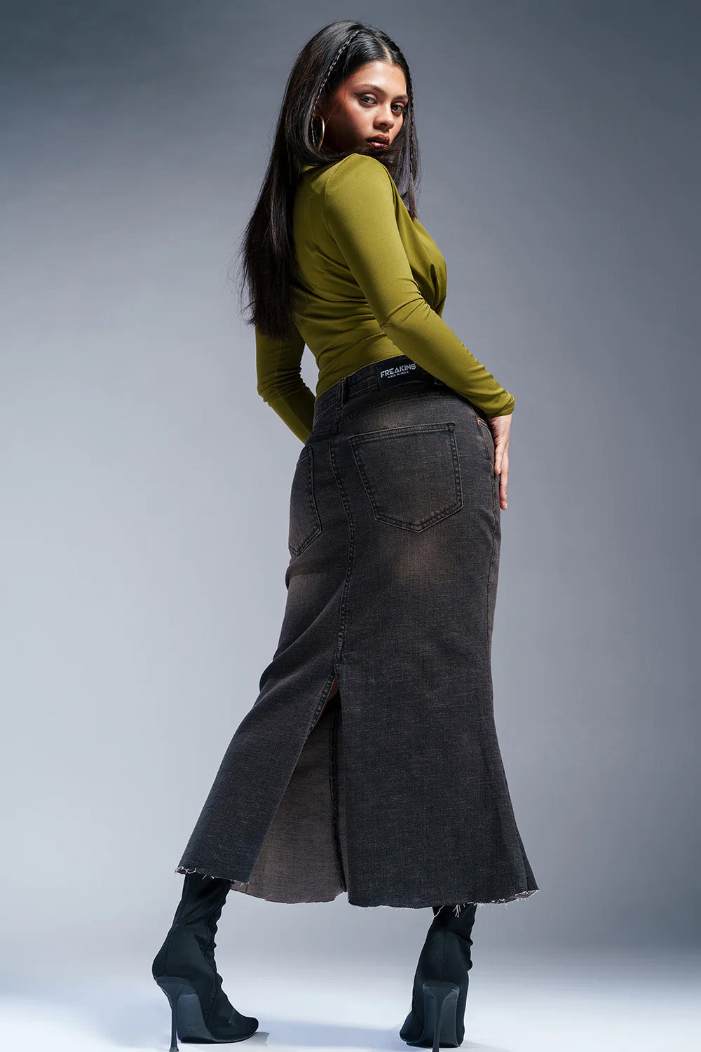 City Black Denim Mermaid Midi Skirt