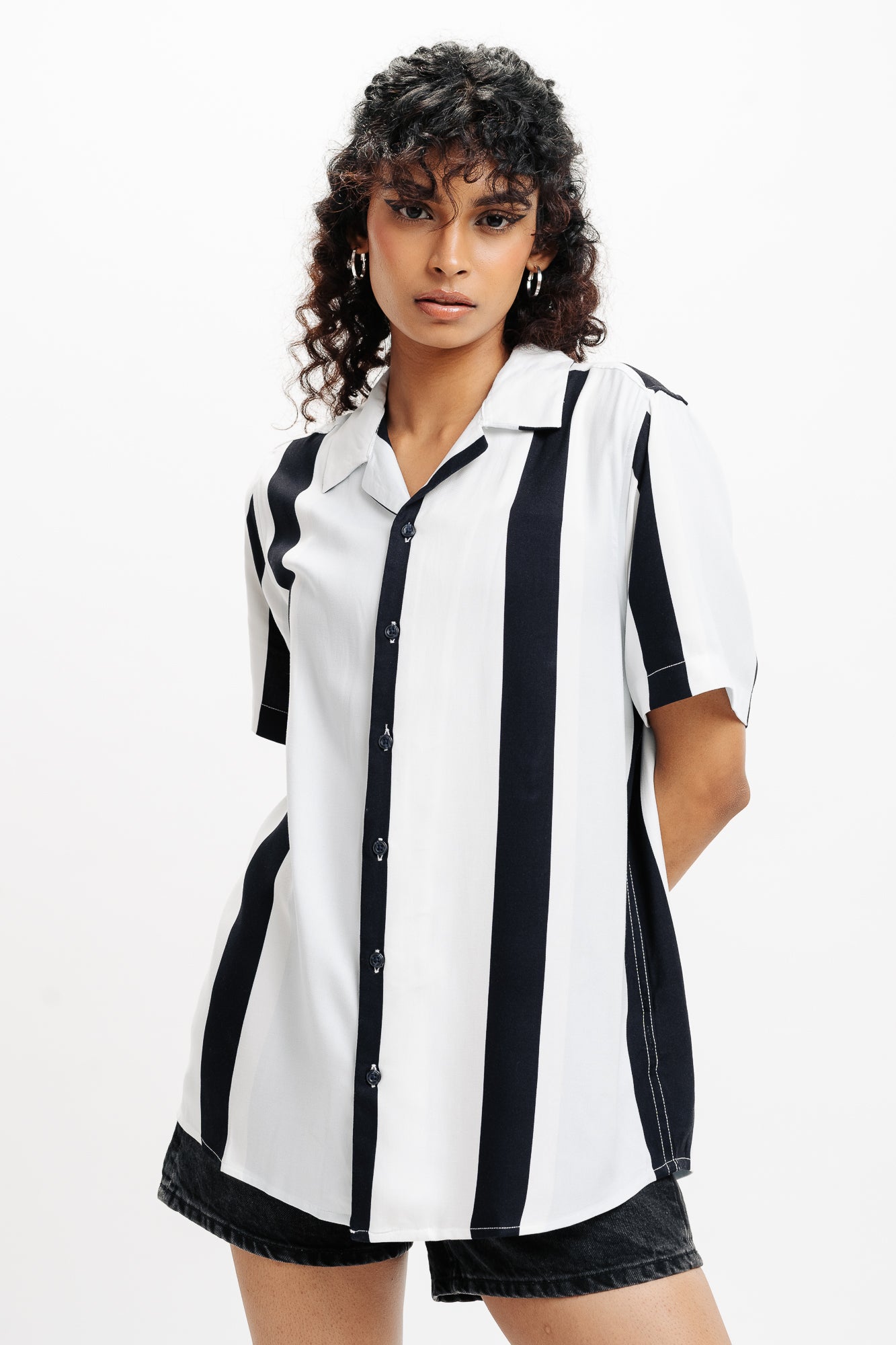 Dark Navy Blue Striped Printed Viscose Shirt