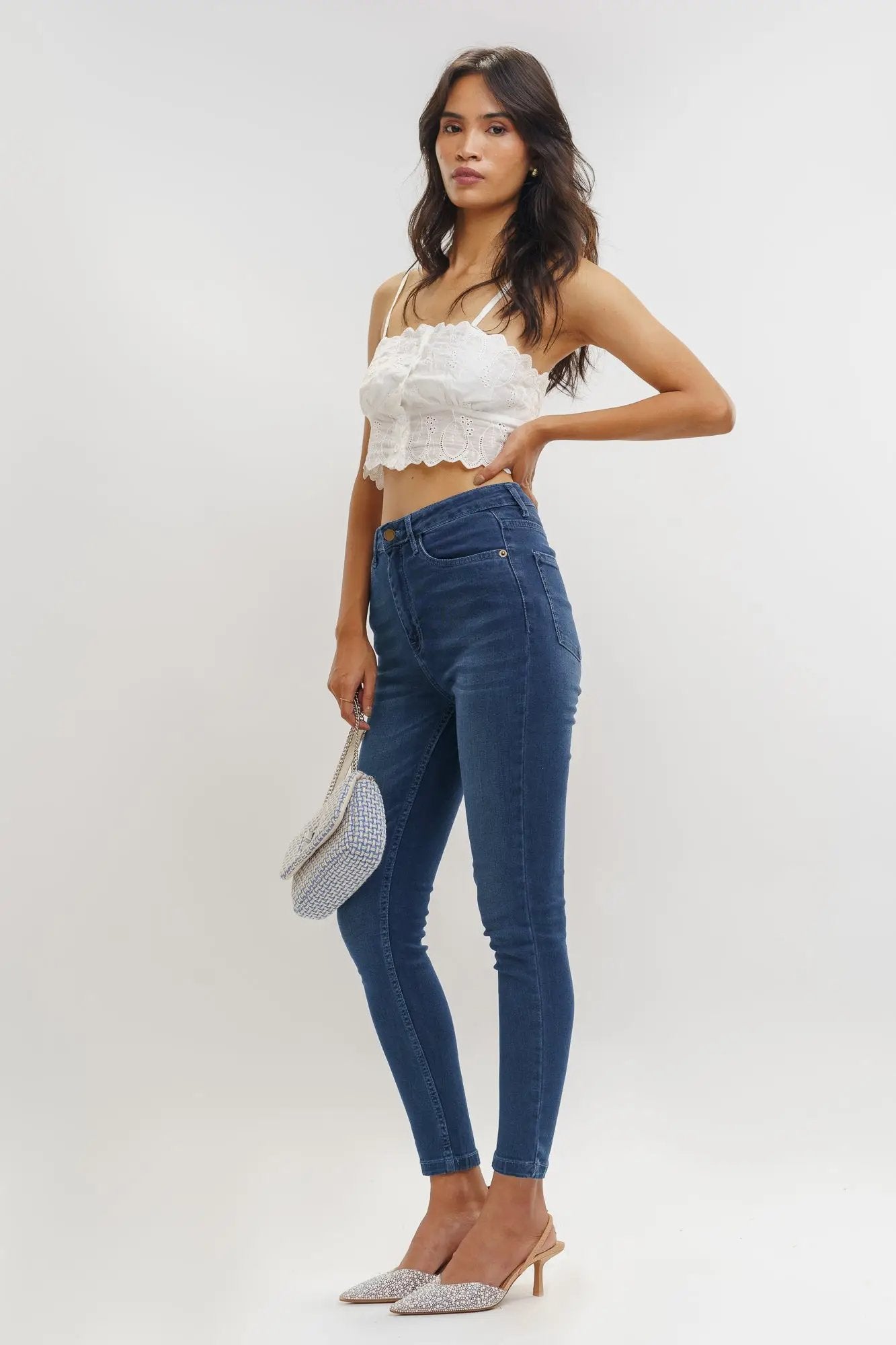 Women's White Cropped Top, Light Blue Skinny Pants, White Leather