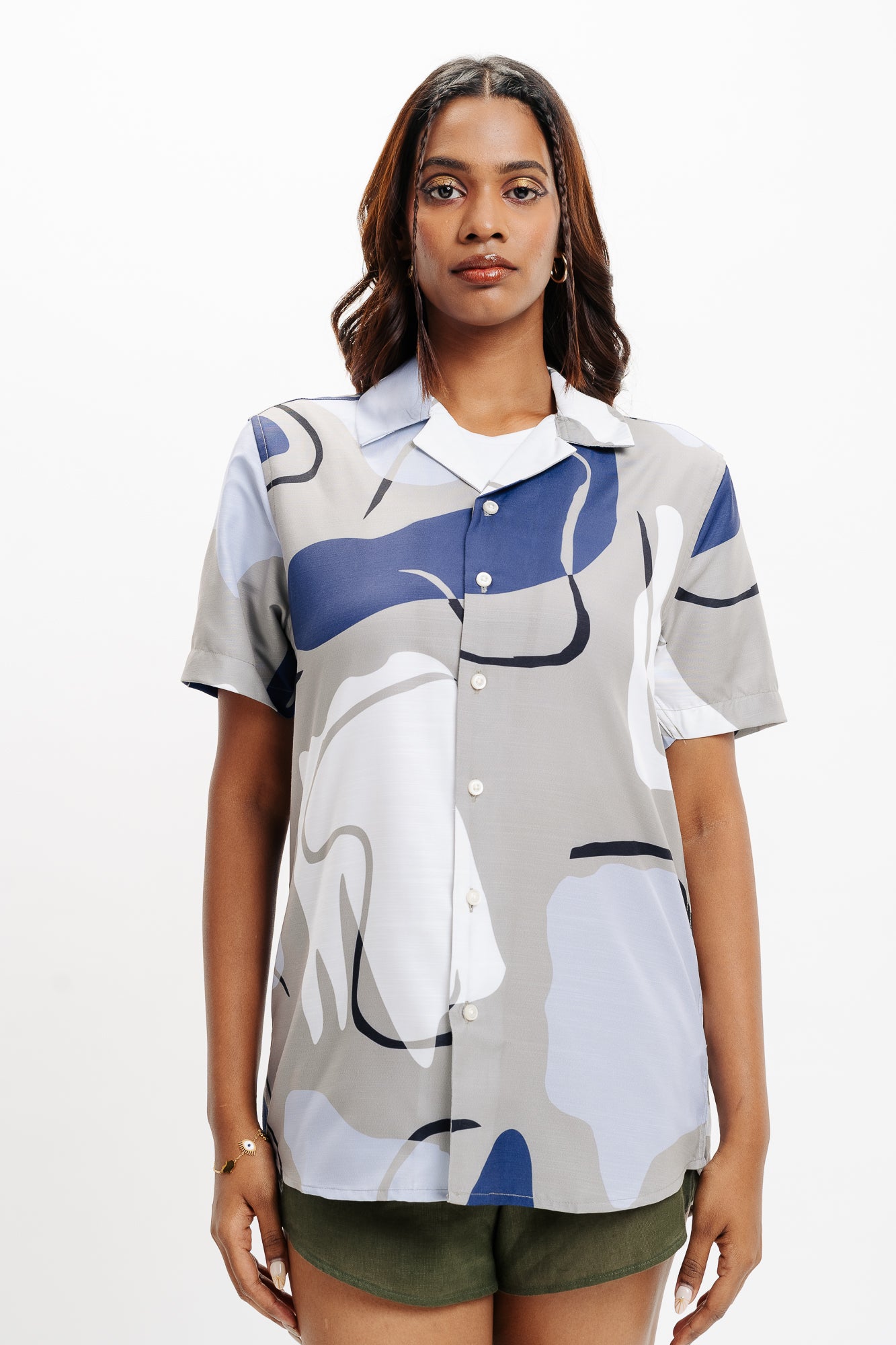 Grey Abstract Print Linen Shirt