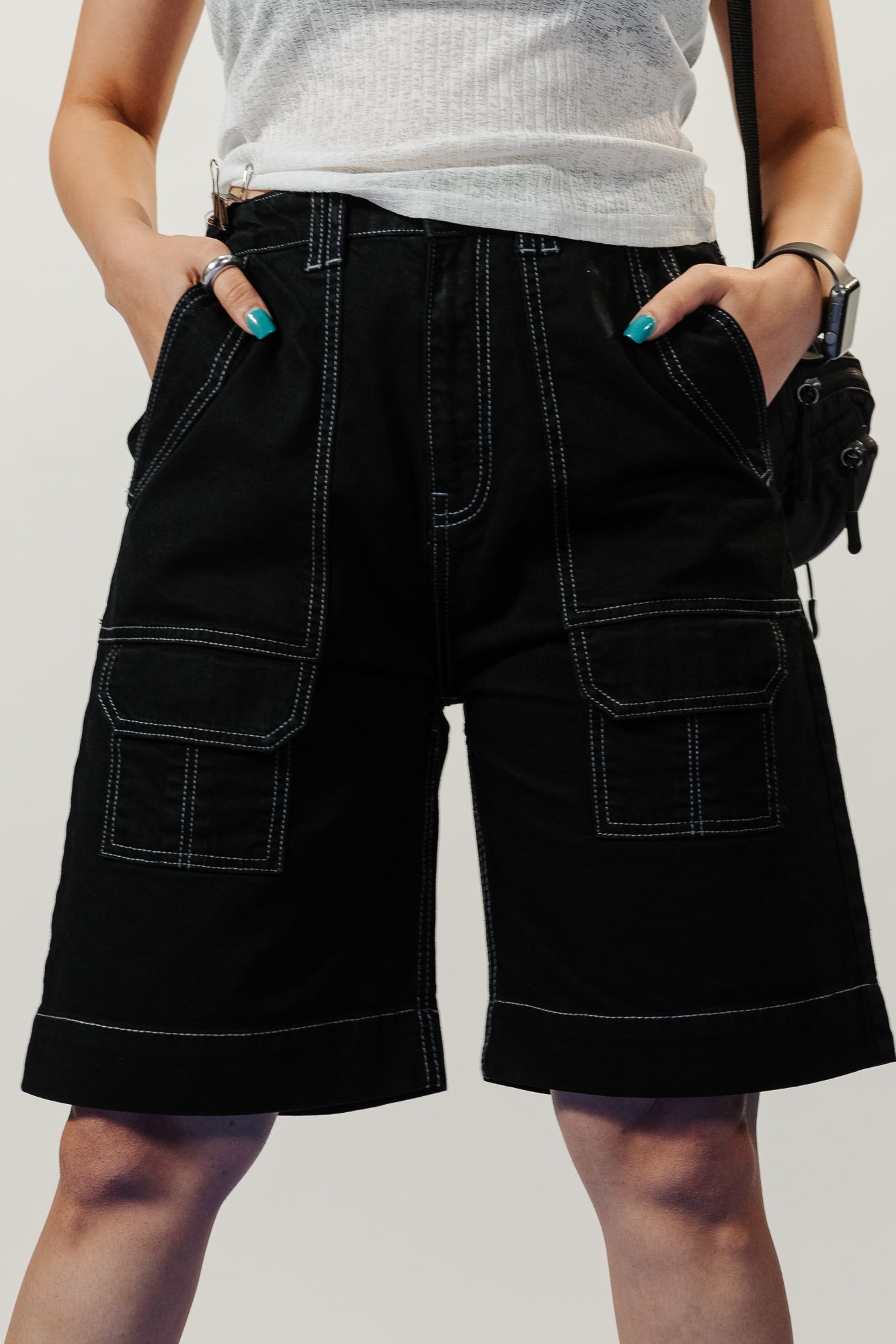 Contrast Stitch Black Shorts