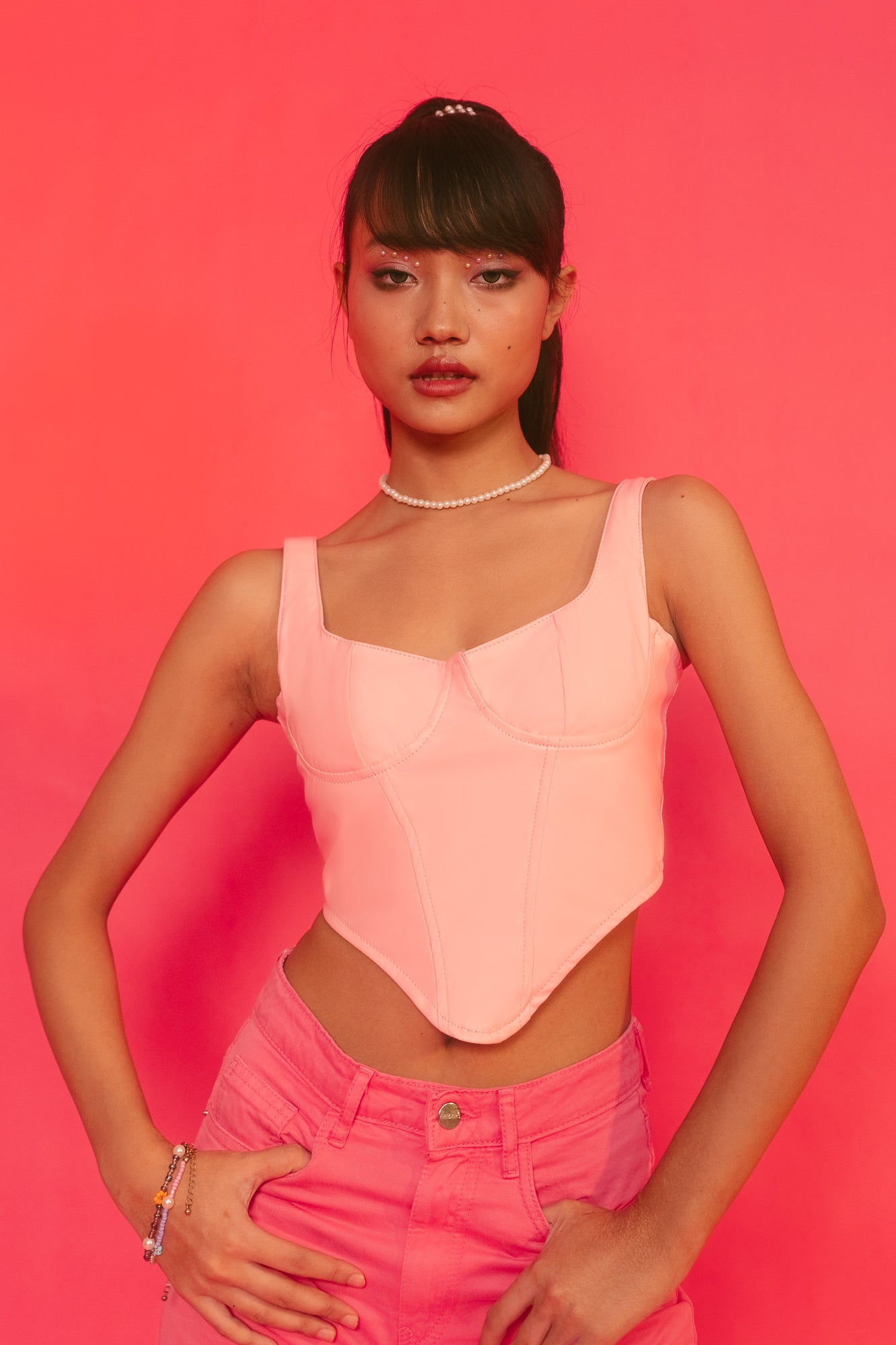 PINK LEATHER CORSET TOP