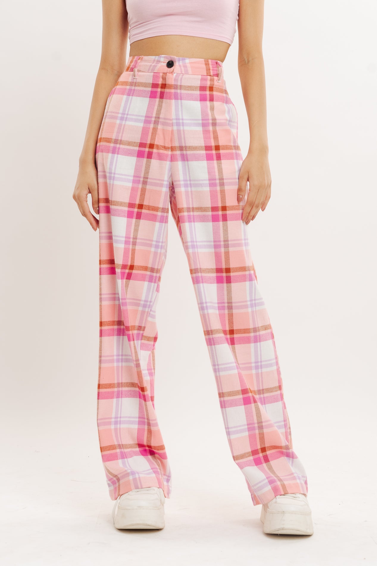 PINK AND WHITE CHECKERED STRAIGHT FIT PANT