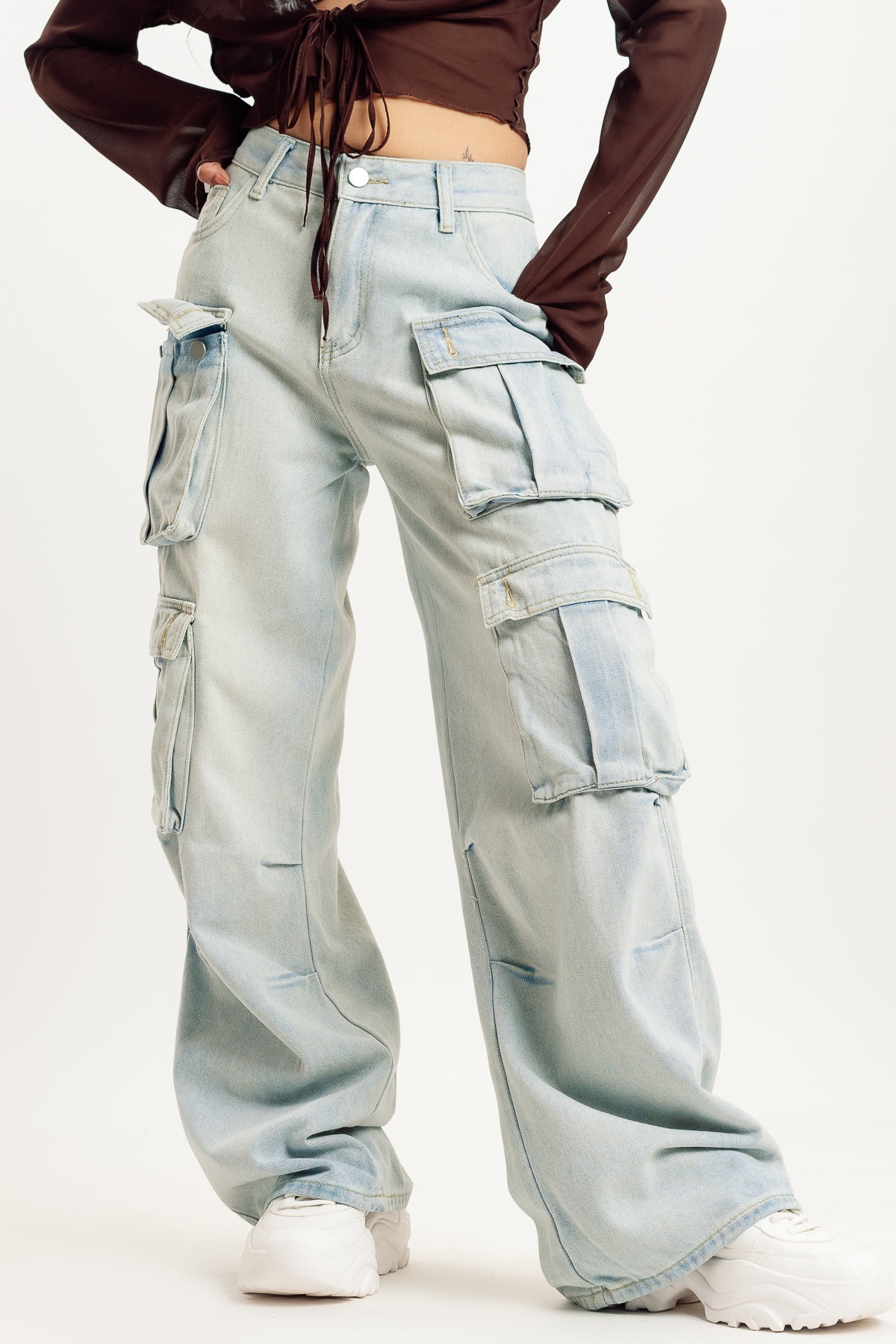 Light Blue Women's Baggy Straight Cargo Jeans