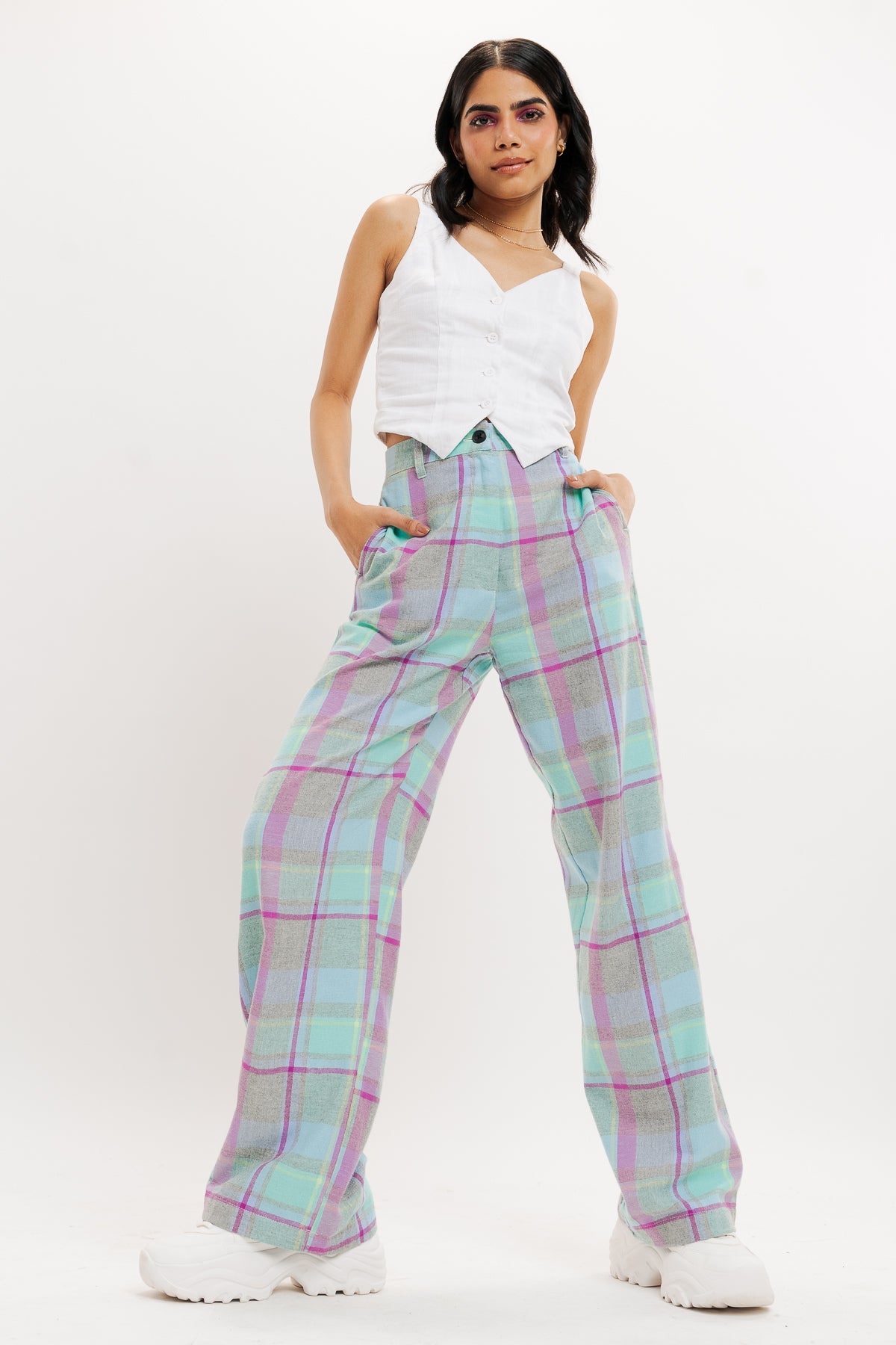 PURPLE AND MINT CHECKERED STRAIGHT FIT PANT