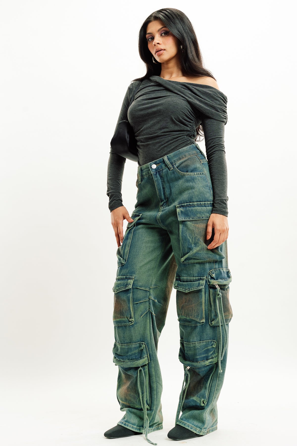 Green Tint Women's Baggy Straight Cargo Jeans
