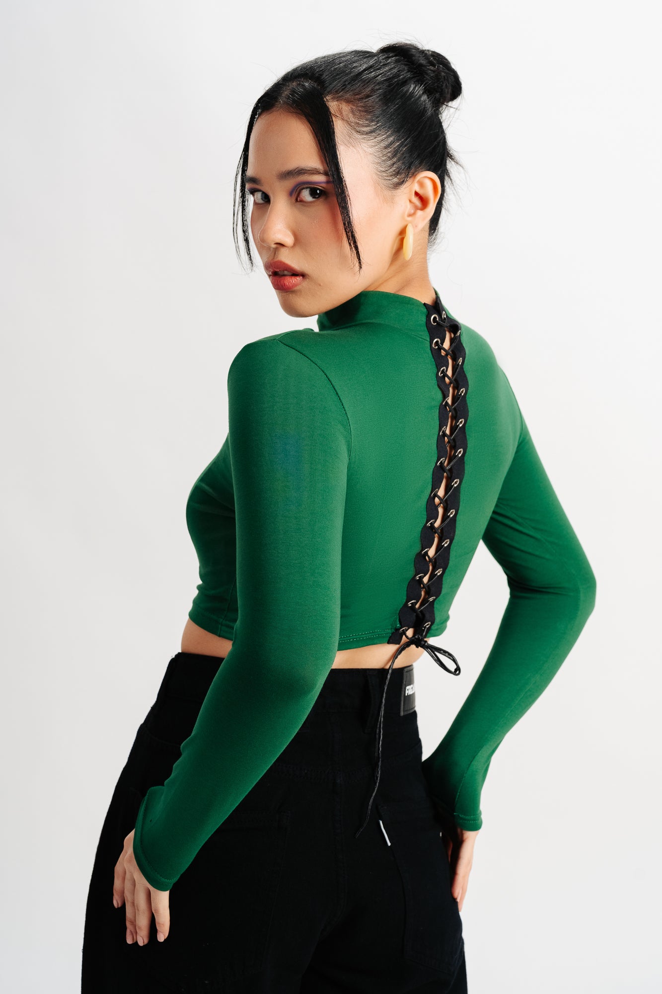 CROPPED LONG SLEEVE GREEN KNIT TOP