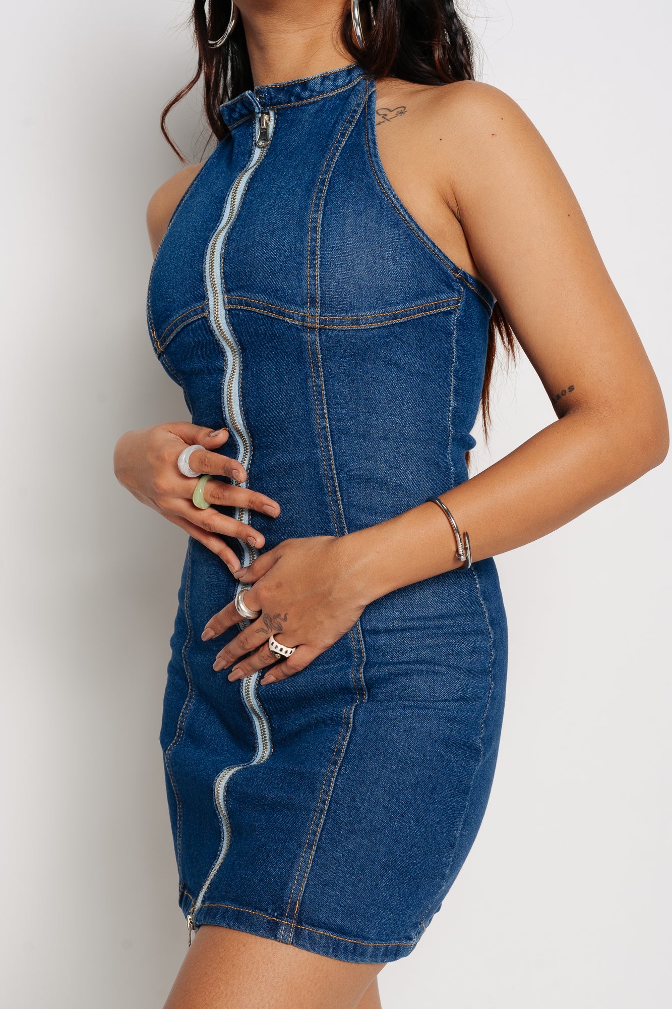 Melaina Mini Dress - Collared Zip Front Belted Denim Dress in Mid Blue Wash  | Showpo USA