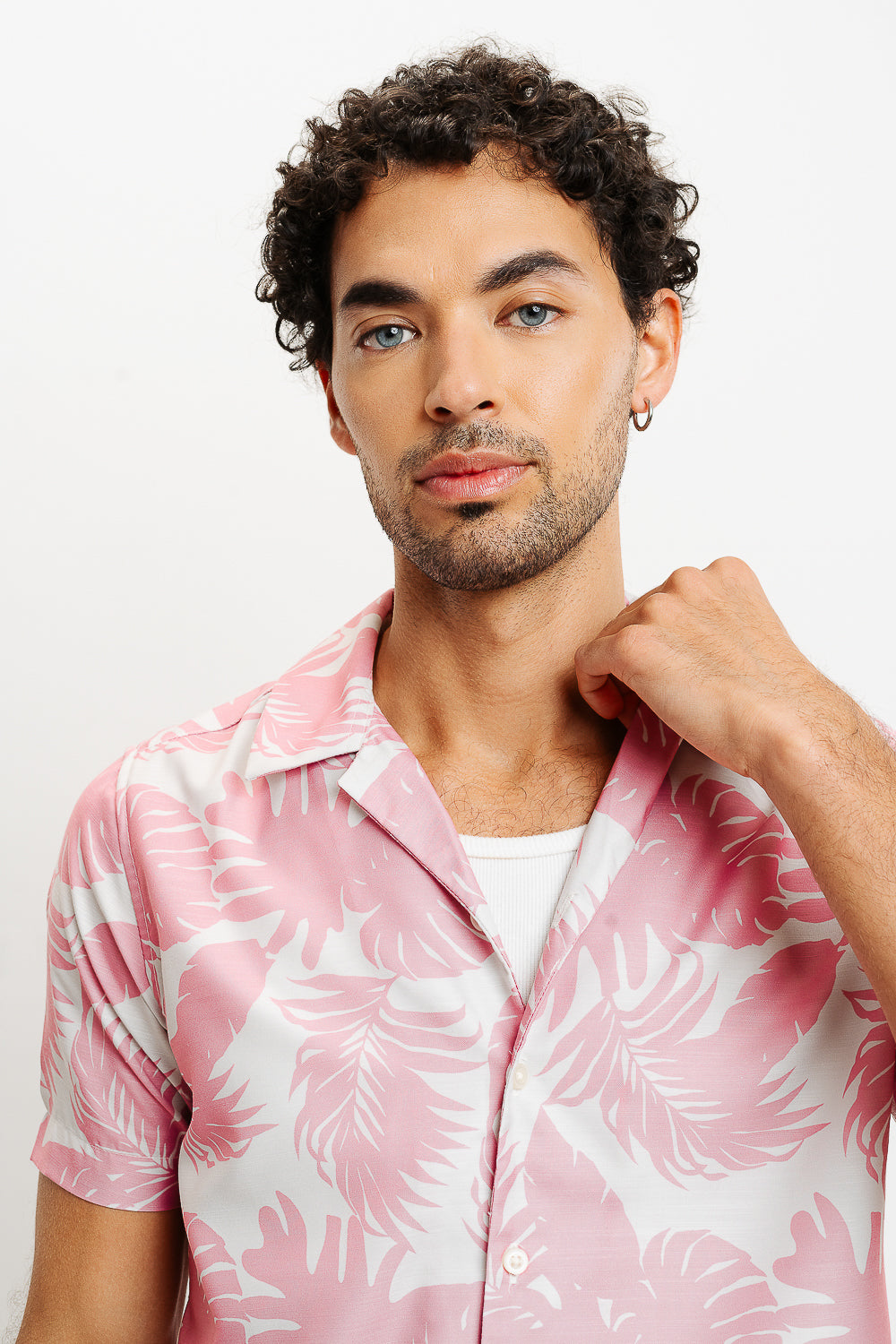 Pink Palm Leaf Print Men's Resort Shirt