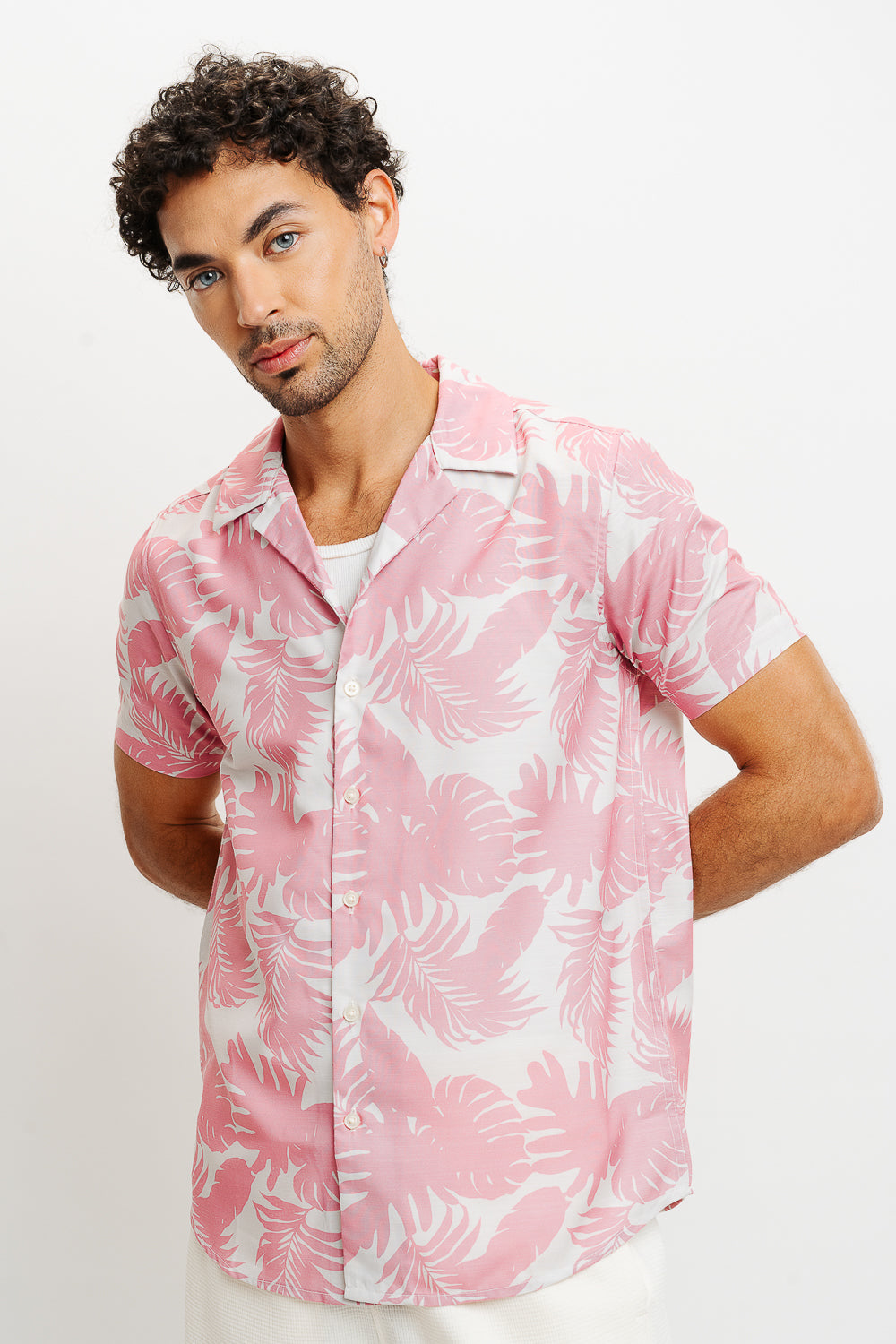 PINK PALM LEAF PRINT MEN'S RESORT SHIRT