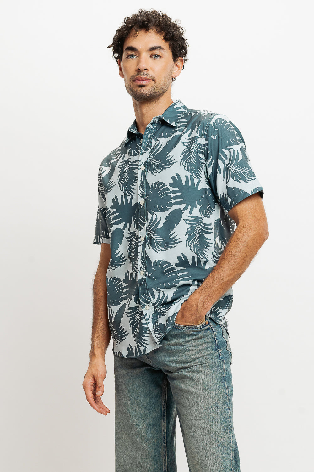 Green Palm Print Men's Resort Shirt