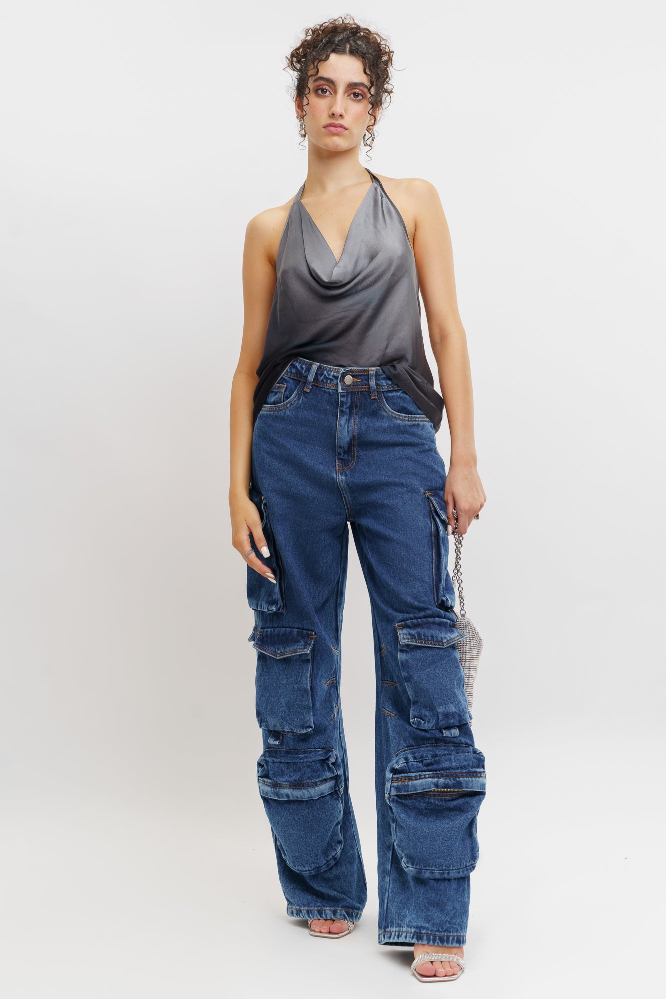 Blue Pocketed Women's Straight Cargo Jeans
