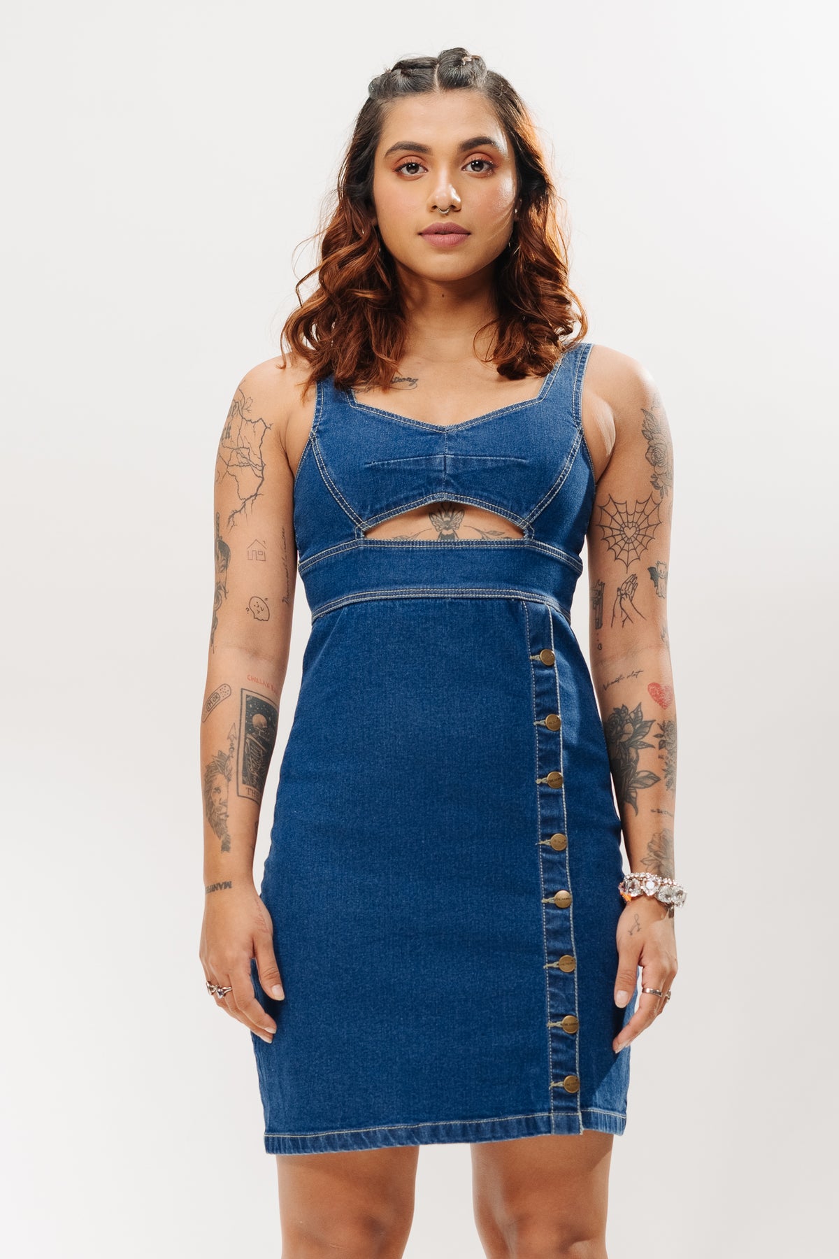 13491 Indigo Button Sheath Dress