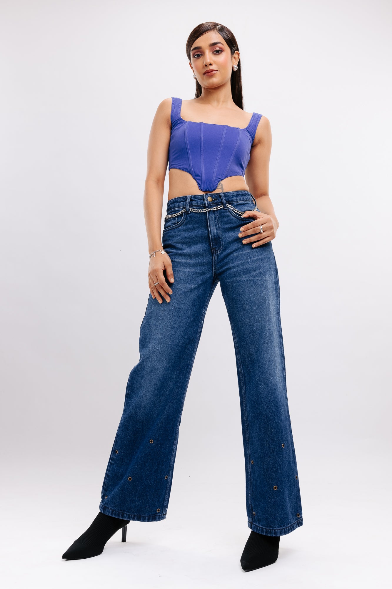 Blue Eyelet Embellished Women's Wide Jeans