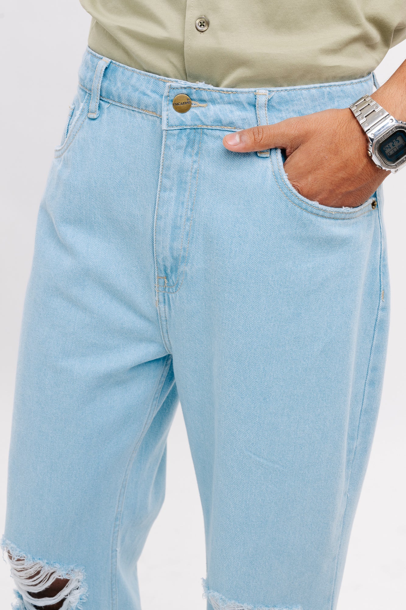 Blue Light Distressed Men's Wide Jeans