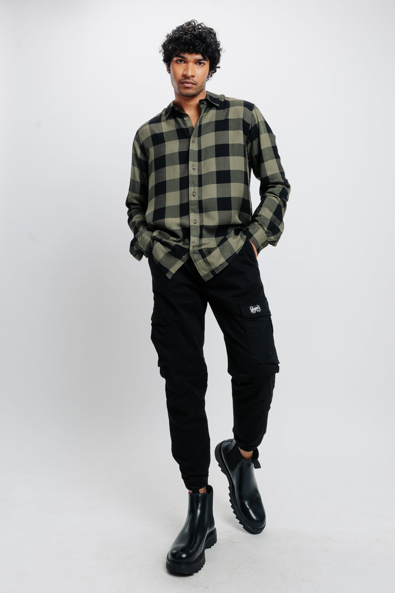 Men's Olive Green Checkered Viscose Blend Shirt