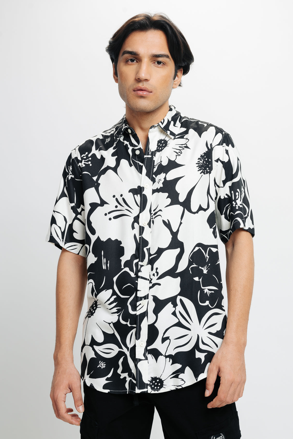 Men's White Black Print Viscose Shirt