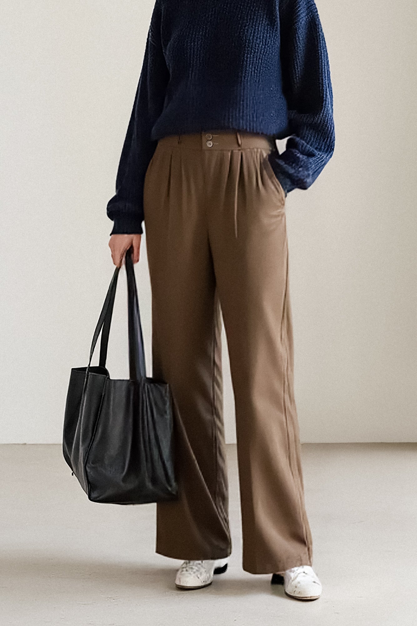 Classic Brown Pleated Women's Straight Korean Pants