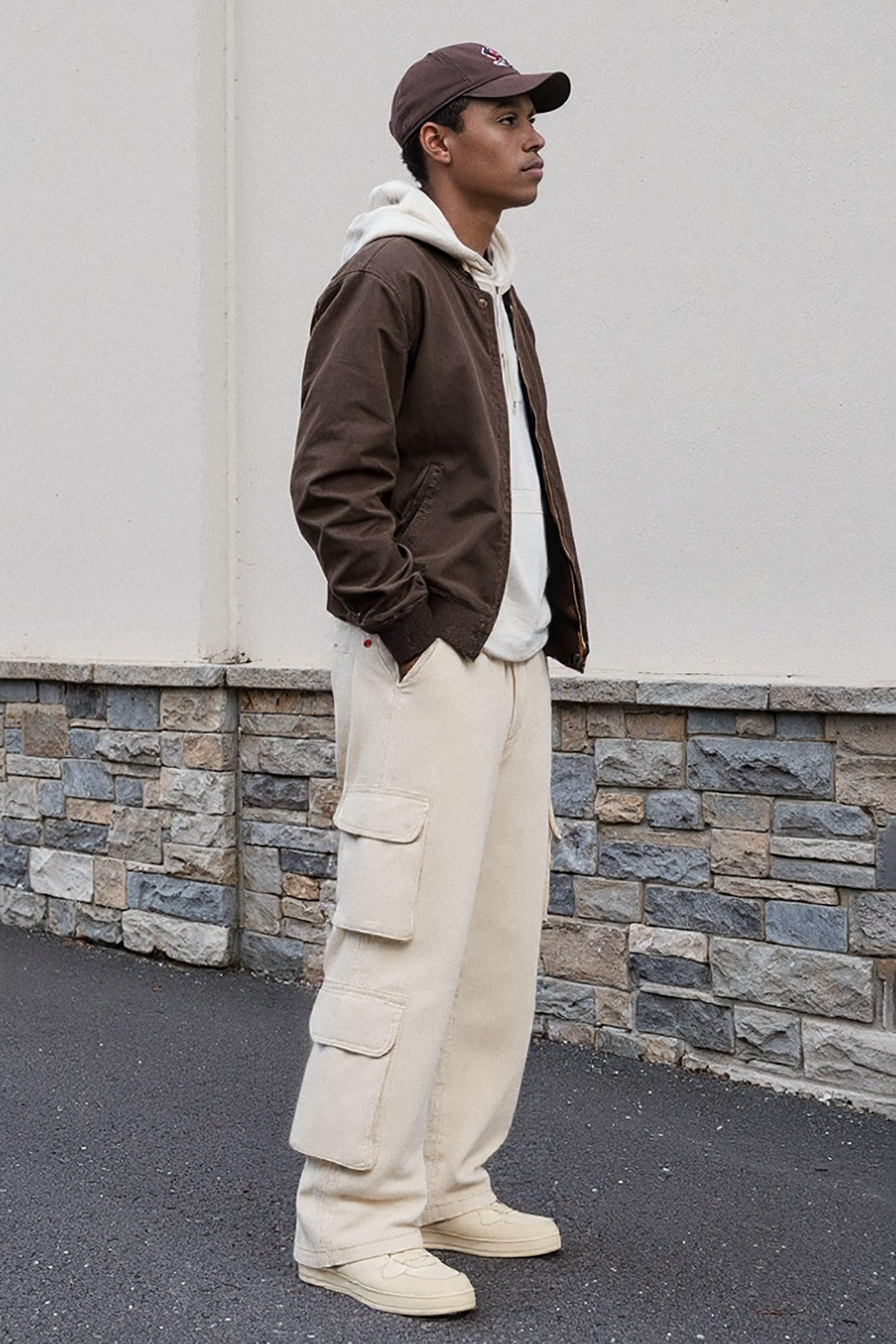 Classic Ecru Men's Wide Leg Cargo Jeans