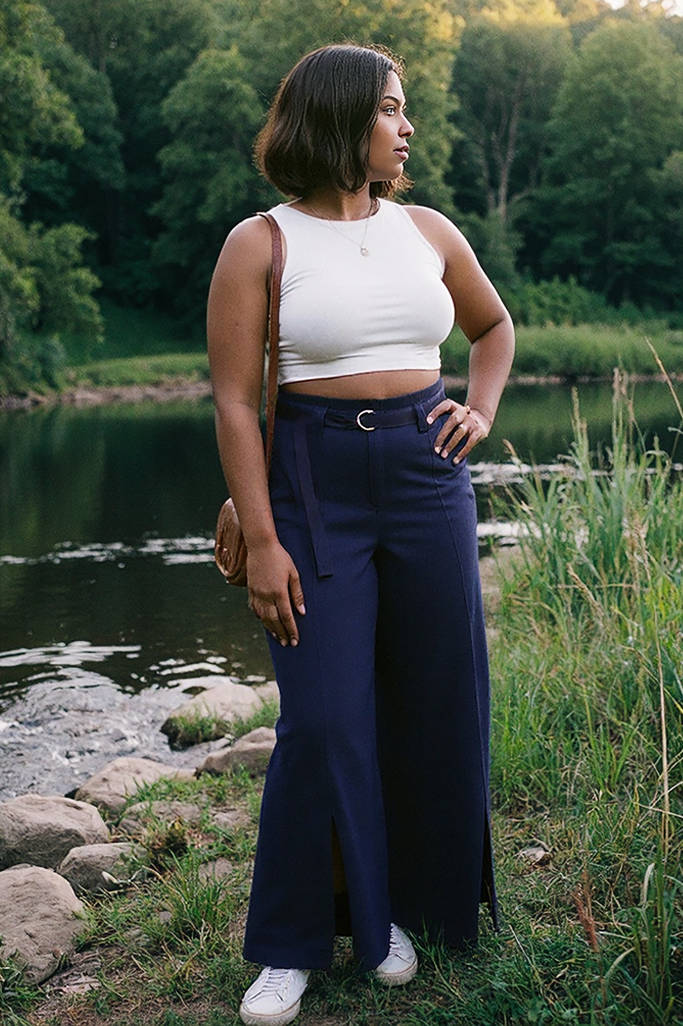 Navy Curve Belted Flared Korean Pants