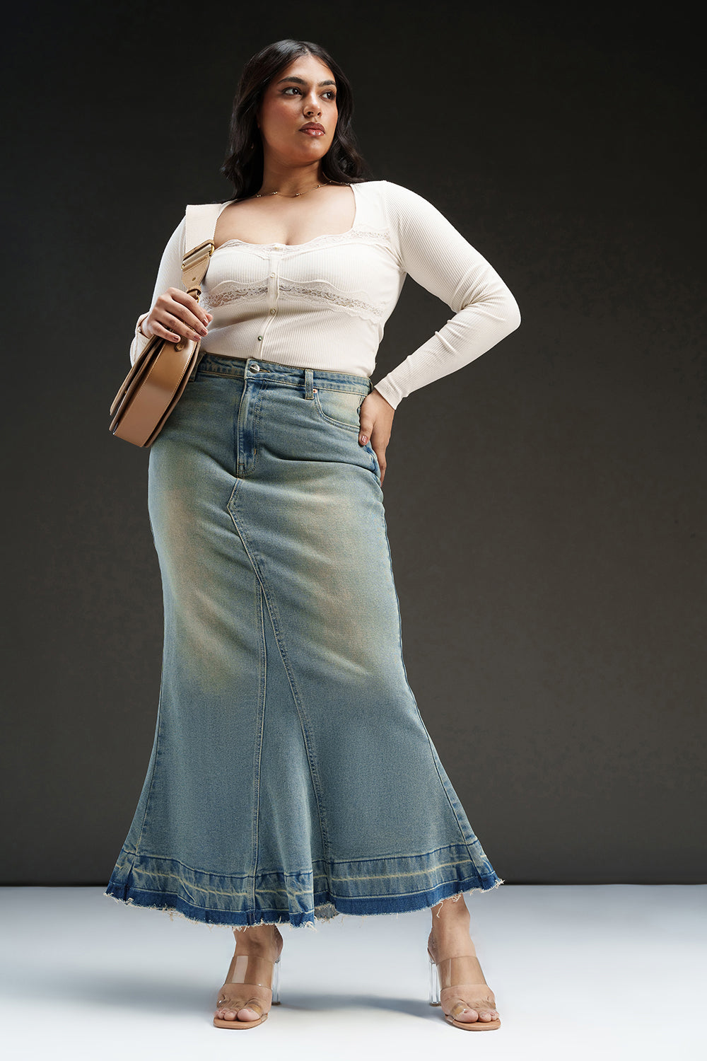 Antique Fade Curve Denim Mermaid Skirt